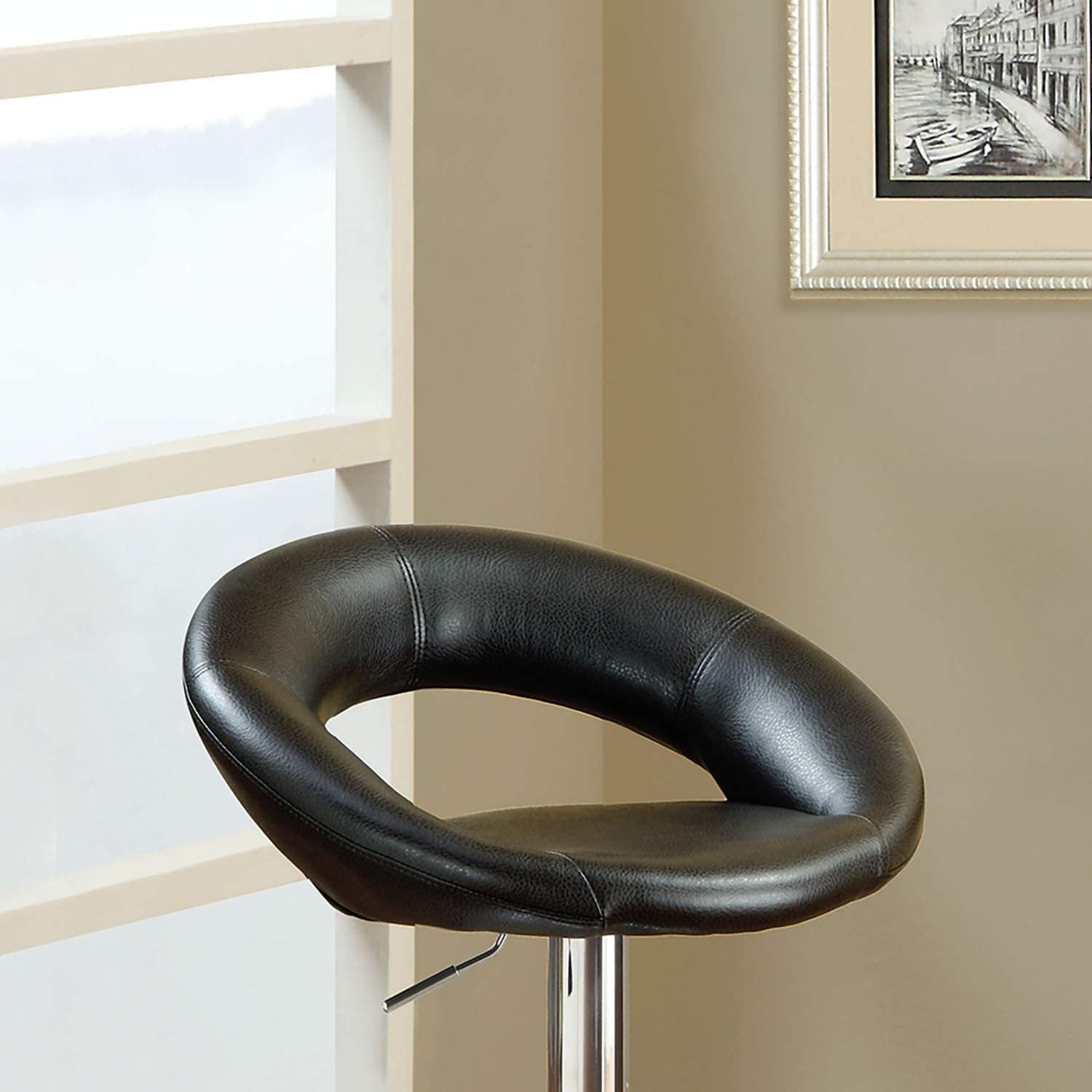 Black Faux Leather Adjustable Height Swivel Stool Set of 2 - Chrome Base PVC Dining Chairs for Kitchen Island, Bar Counter & Home Office