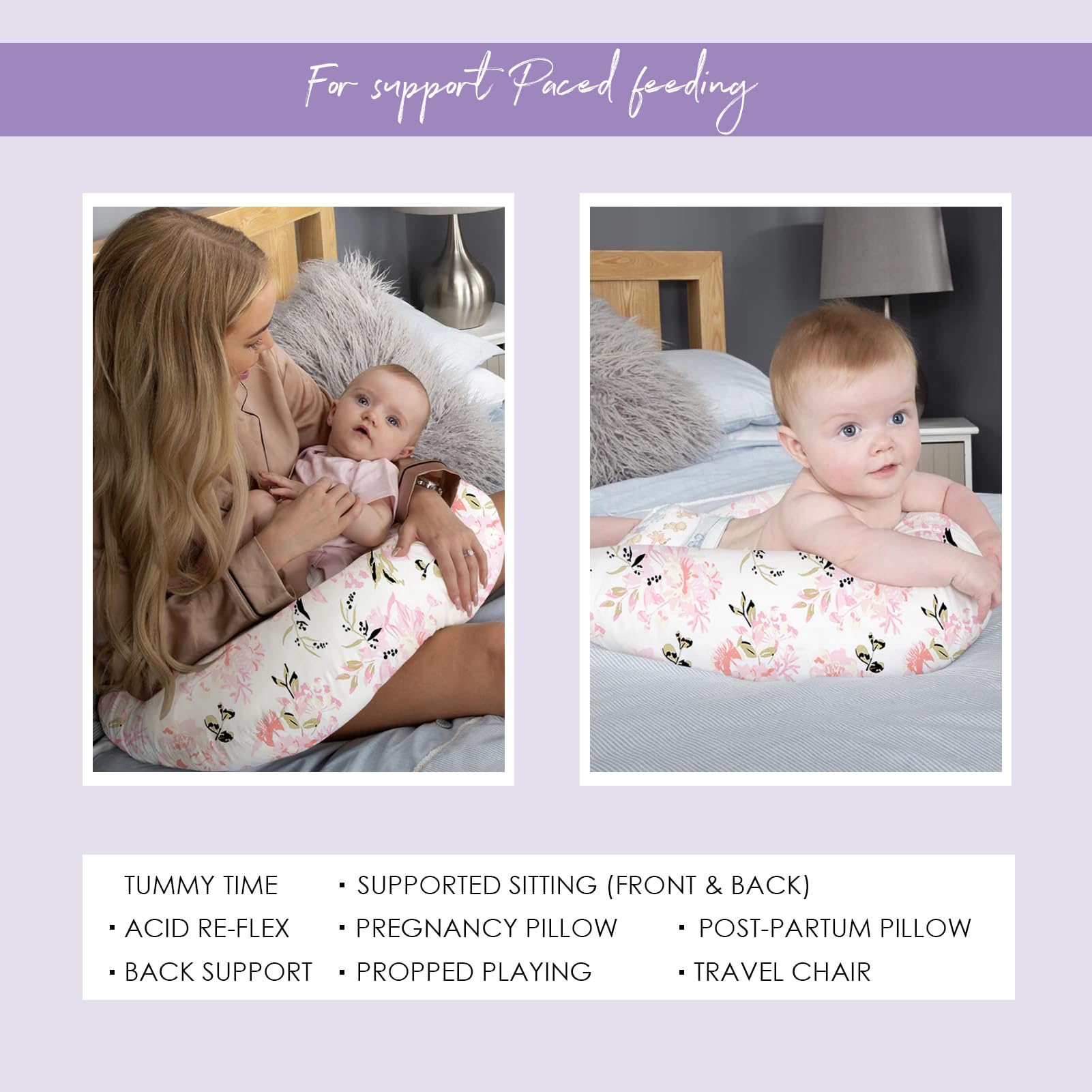 Lumono Nursing Pillow for Breastfeeding - Ergonomic Support Pillow for Moms & Babies 0-12 Months with Breathable Filling & Cute Rose Floral Cover - Perfect for Breastfeeding, Bottle Feeding & Tummy Time