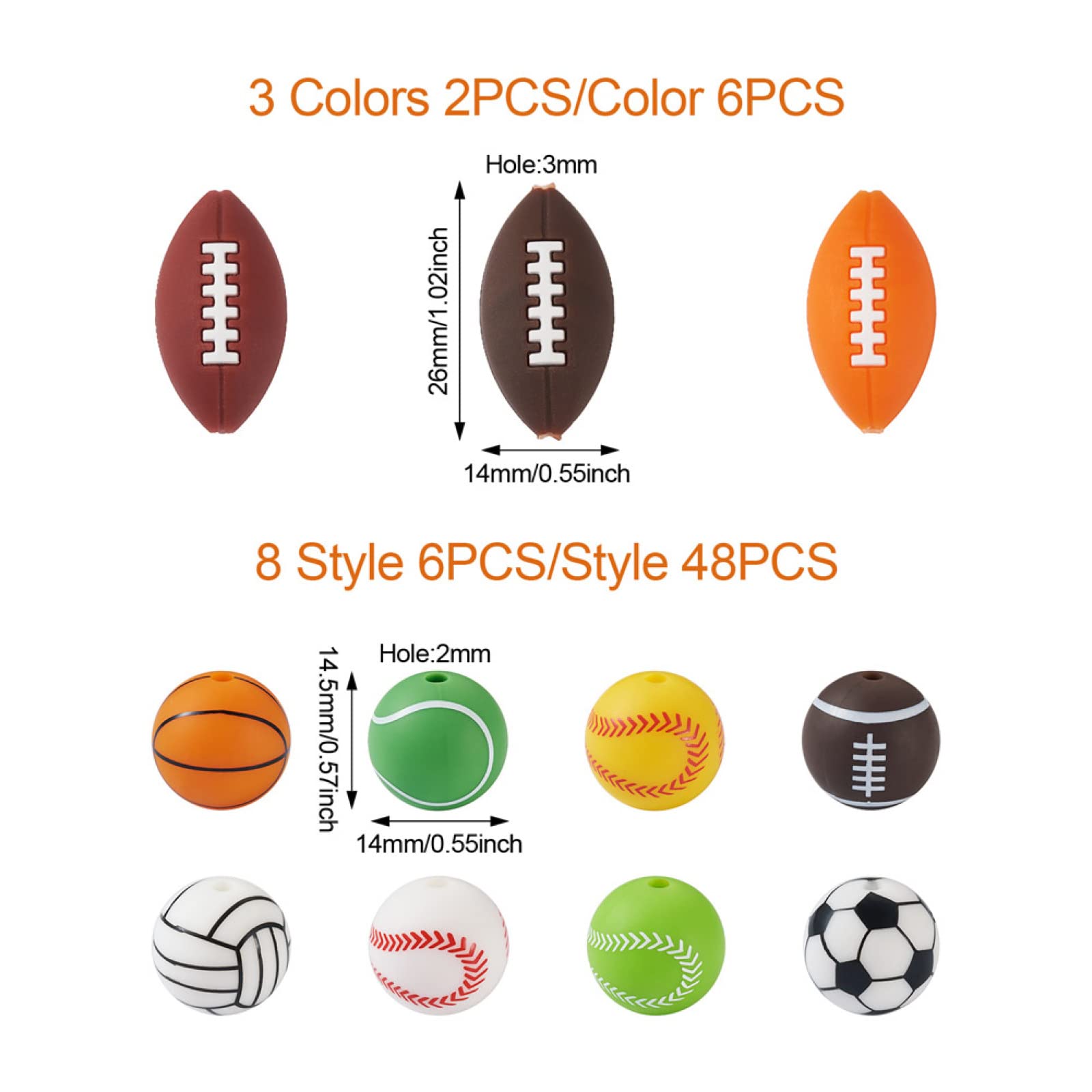 54Pcs Sports Silicone Beads Bulk for Soccer Basketball Volleyball Baseball Rugby - DIY Keychain Bracelet Jewelry Making Supplies - Perfect for Team Sports Fans, Party Favors & Craft Projects
