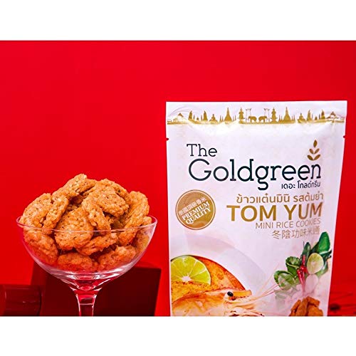 Goldgreen Mini Rice Cookies 40g X 3 Packs - Tom Yum Flavor Crunchy Thai Snacks for On-the-Go, Office Snacking & Asian Food Lovers