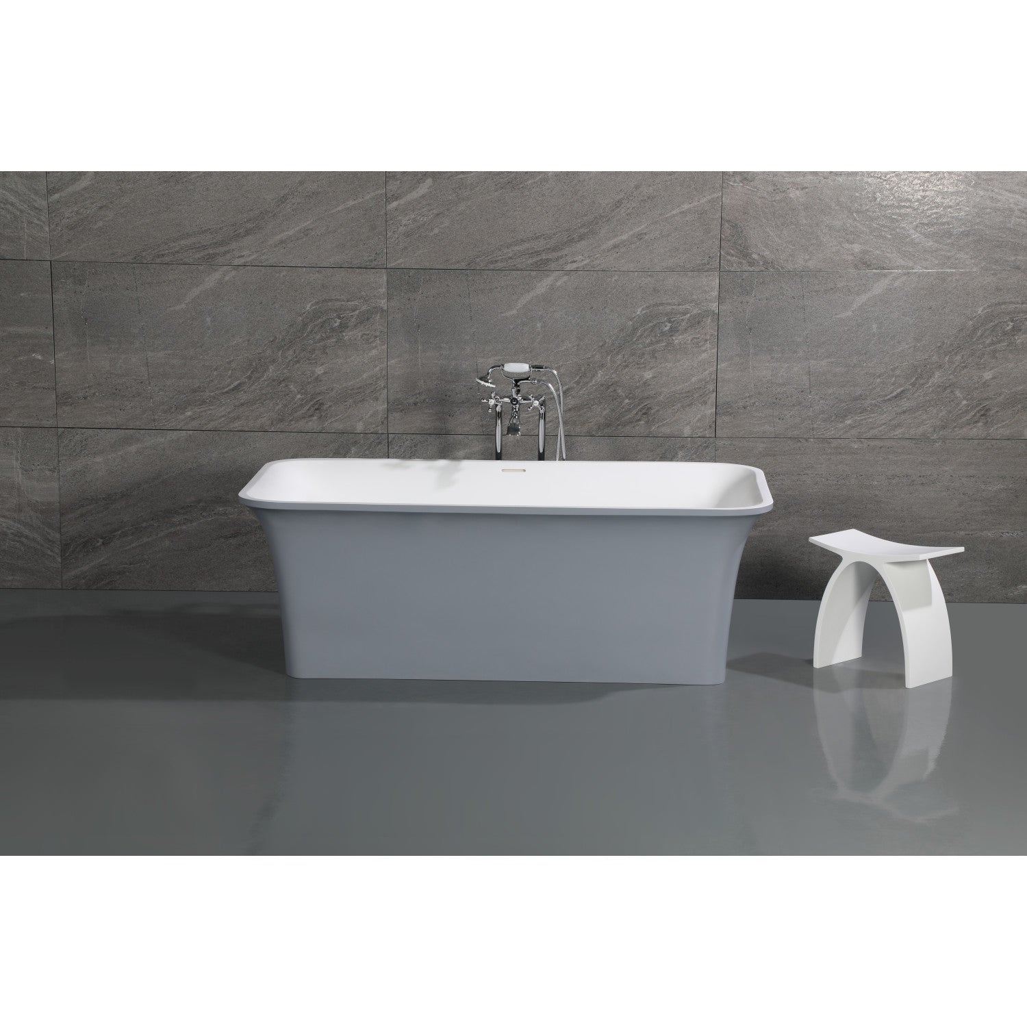 Arcticstone 67 Inch Freestanding Bathtub - Matte White/Gray Double Ended Rectangular Soaking Tub with Drain | Solid Surface Modern Design for Spa-Like Relaxation in Master Bathroom