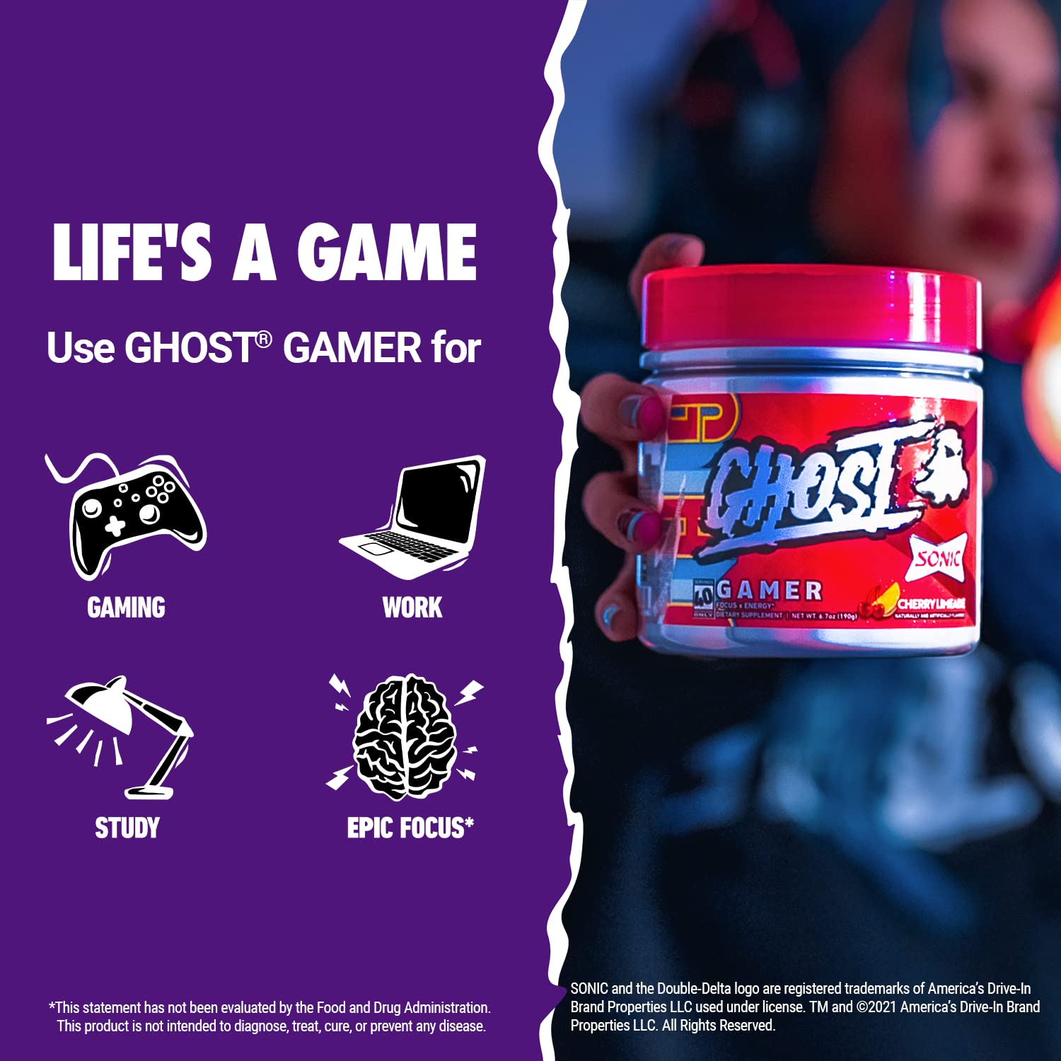 GHOST Gamer Energy Drink Powder - Sonic Cherry Limeade Flavor | 40 Servings of Natural Caffeine & Nootropics for Focus, Accuracy & Reaction Time | Vegan, Gluten-Free Supplement | Perfect for Esports, Gaming Sessions & Work Productivity
