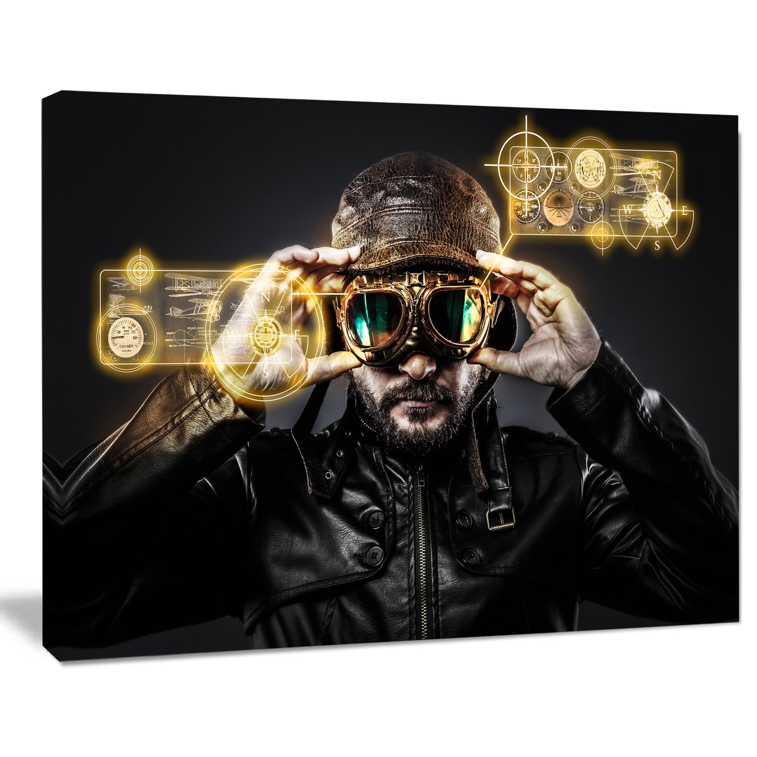 Fighter Pilot with Hat & Glasses - Abstract Portrait Canvas Wall Art Print - Perfect for Home Office Decor, Man Cave, or Aviation Enthusiast Gift