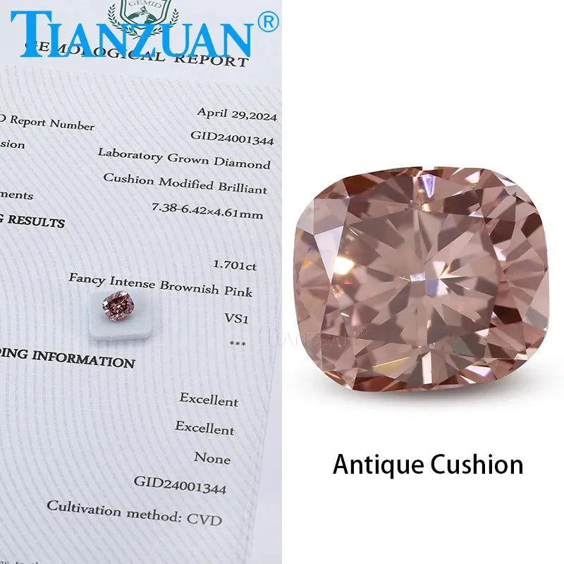Lab Grown CVD Diamond - Cushion Cut VVS1-VS2 (2EX) Fancy Intense Brownish Pink Loose Gemstone with GEMID Certification | Perfect for Engagement Rings, Anniversary Gifts & Jewelry Making