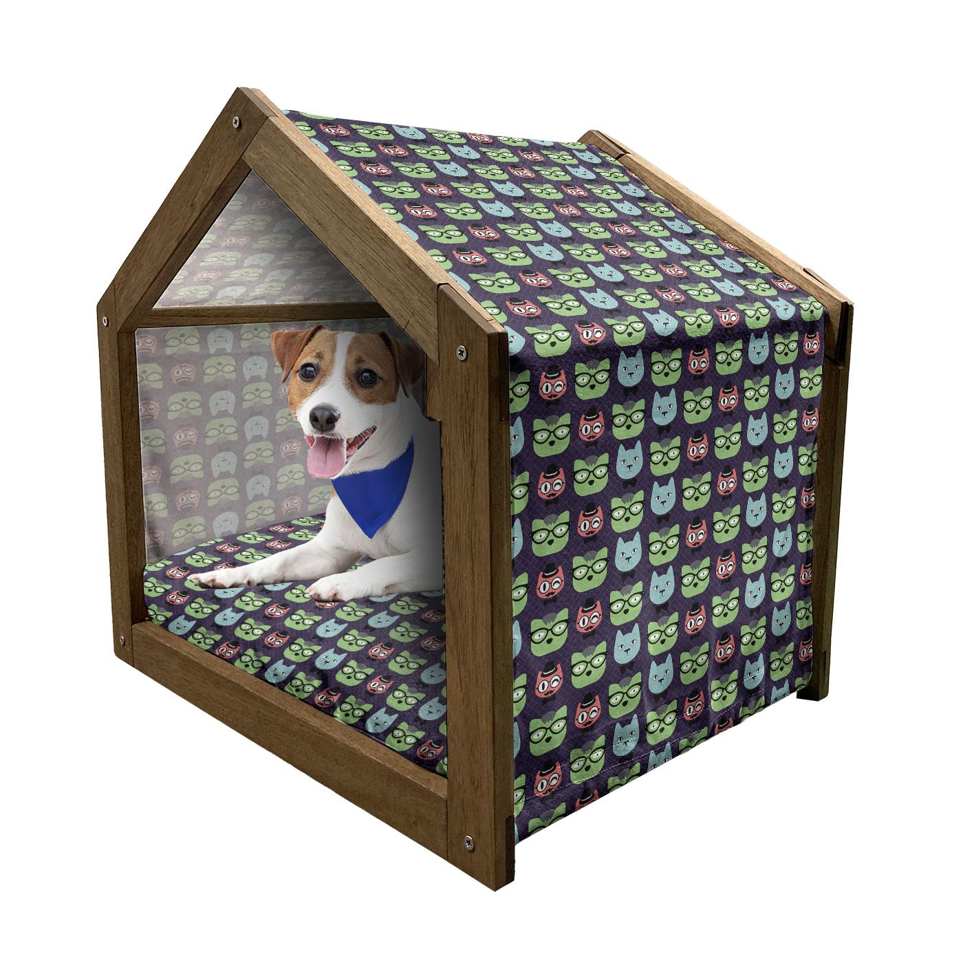 Ambesonne Geek Wooden Pet House - Cat Characters in Fashion Glasses & Hats Themed Print - Indoor/Outdoor Portable Dog Kennel with Pillow & Cover - Large Multicolor Pet Bed for Cats & Small Dogs - Perfect for Living Rooms, Patios & Travel