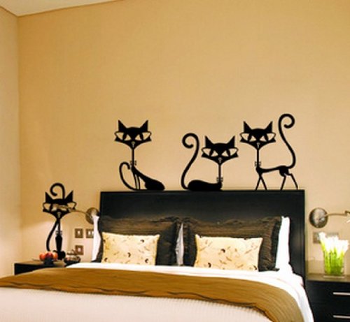 4 Pack Black Fashion Cat Wall Decals - Self-Adhesive Vinyl Stickers for Living Room, TV Wall & Kids Bedroom Decor (65x30cm) - Perfect for Home, Office & Nursery Wall Art