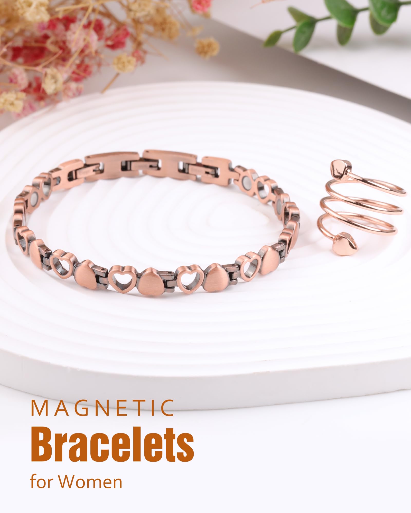 Jecanori Pure Copper Magnetic Bracelet & Ring Set for Women - Adjustable with Sizing Tool - Arthritis Pain Relief & Wellness Jewelry for Daily Wear