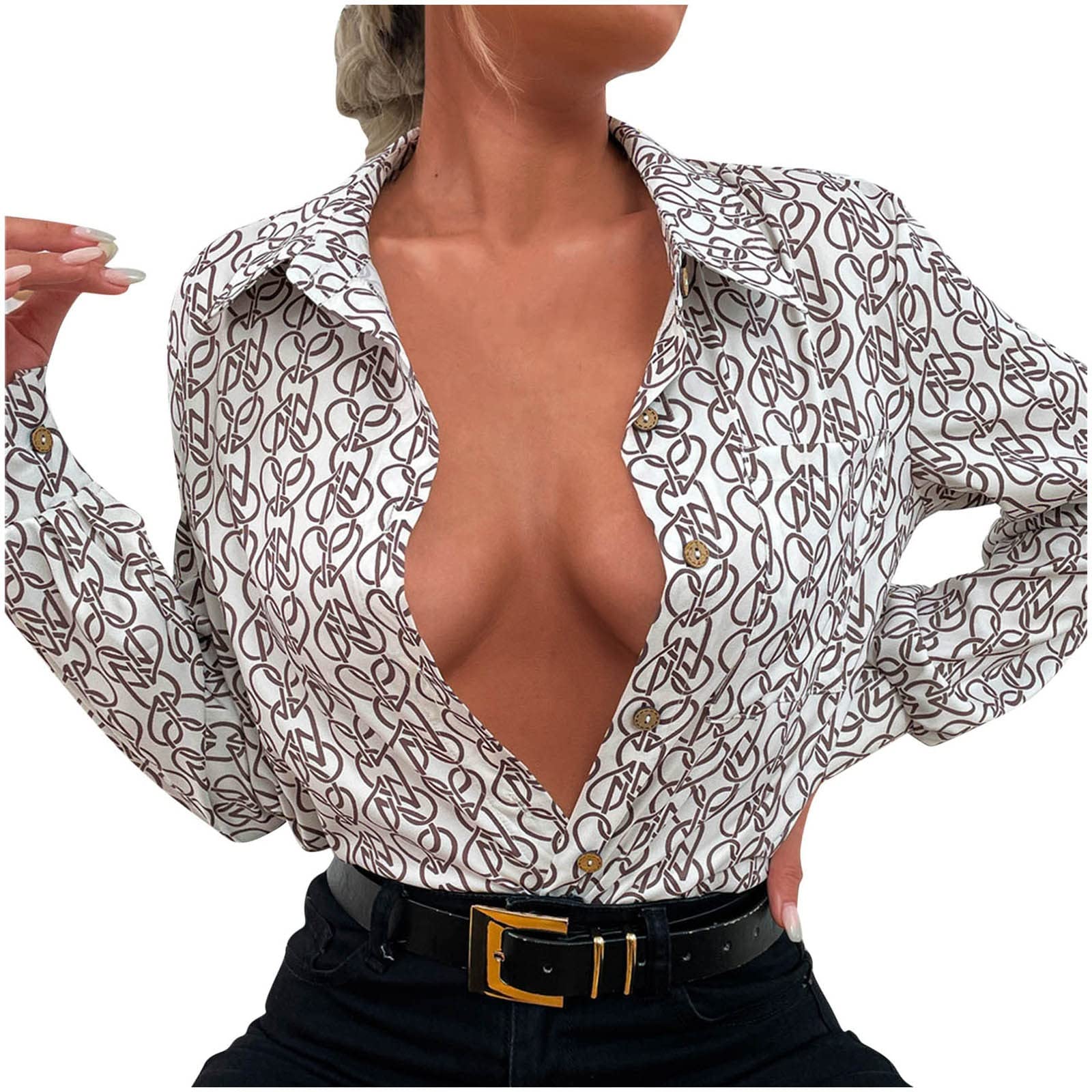 Women's Casual V-Neck Roll-Up Sleeve Lapel Print Button Down Blouse - Sexy Tops for Work, Party & Date Night - White