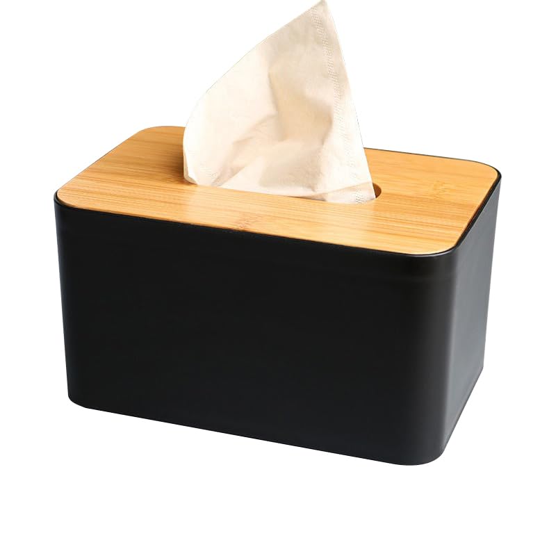 Modern Black Tissue Box with Removable Bamboo/Wood Cover - Home Storage Organizer for Living Room, Bedroom, Office & Bathroom | Stylish and Functional Home Decor
