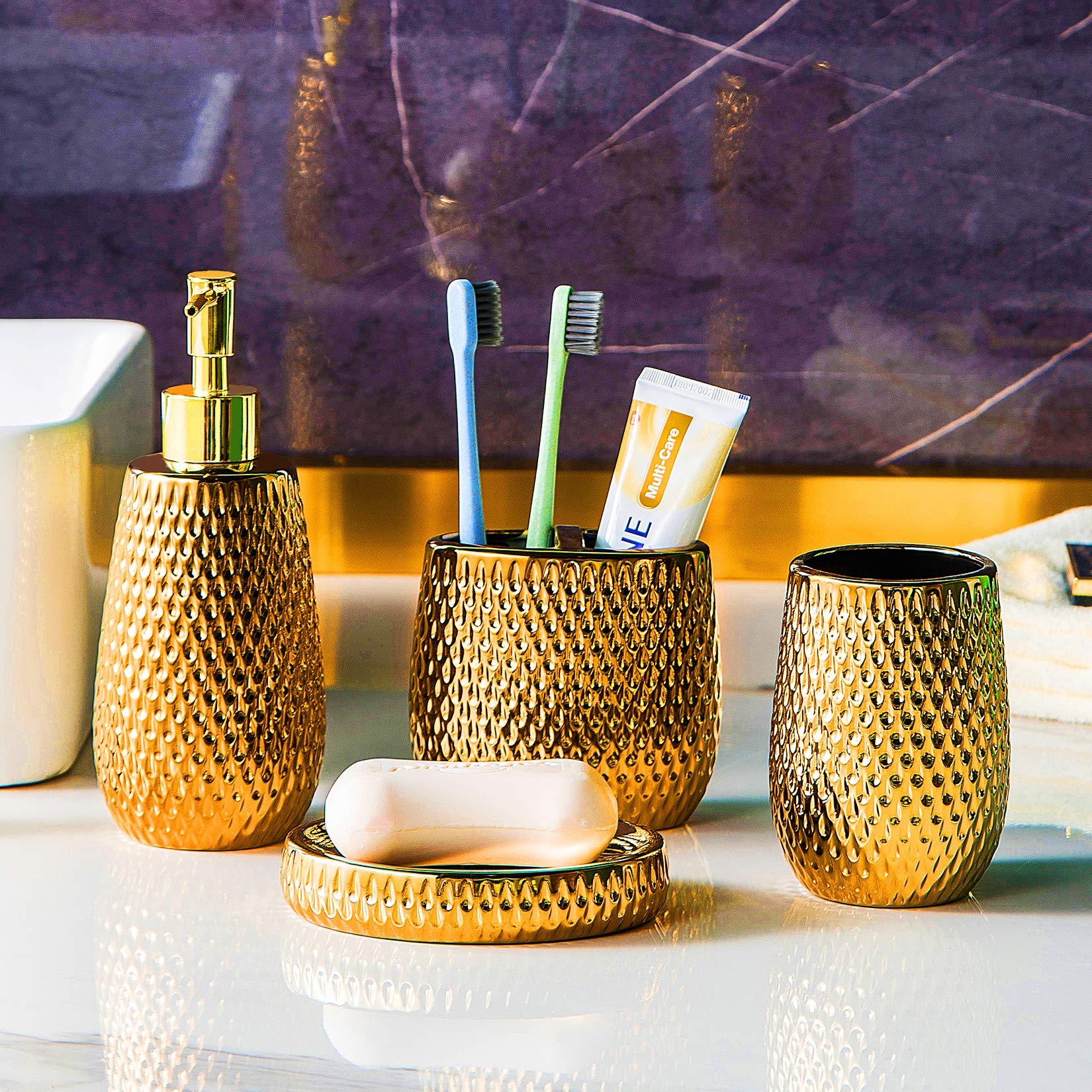 Premium 4-Piece Ceramic Bathroom Accessory Set - Gold Raindrop Design Toothbrush Holder, Soap Dispenser, Tumbler & Dish for Modern Bathroom Decor | Elegant Vanity Essentials for Home, Hotel & Spa Use
