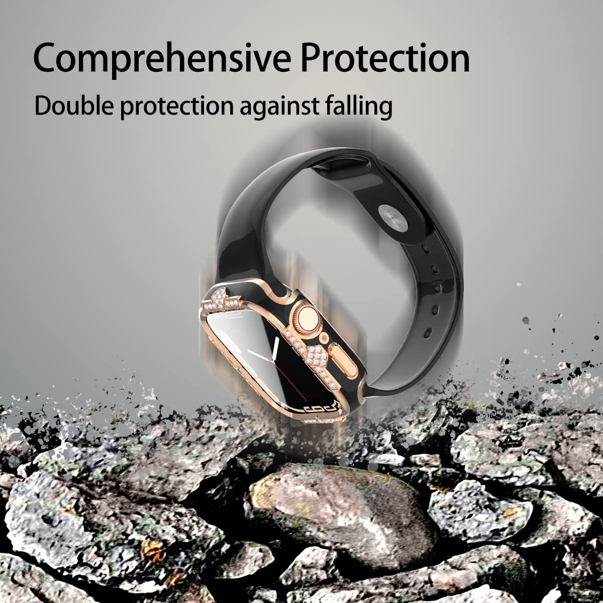 Sparkle Diamond Protective Case for Apple Watch Series 10/9/8/7/6/5/4/SE - 40mm/41mm/42mm/44mm/45mm/46mm Rhinestone Cover with Built-in Screen Protector - Elegant Women's iWatch Accessory (Black-Rose Gold, 44mm) - Perfect for Daily Wear, Workouts & Special Occasions