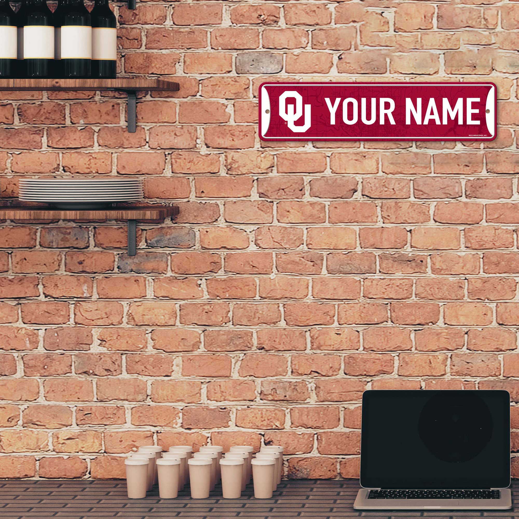 Rico Industries NCAA Oklahoma Sooners Personalized Metal Street Sign 4x15 Inch - College Football Fan Gift, Home Decor for Bedroom, Office & Man Cave - Perfect for Game Room, Dorm & Sports Themed Spaces