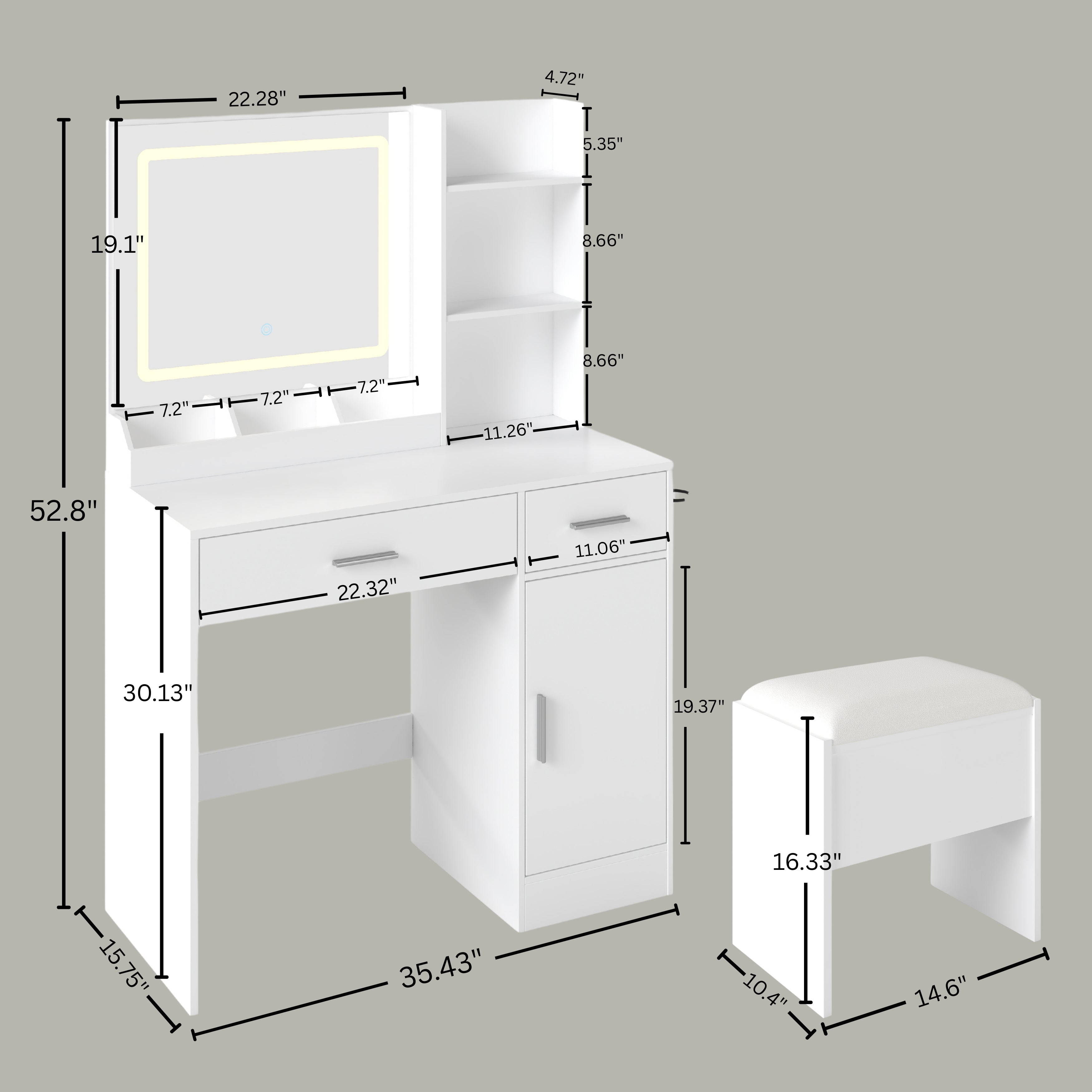 Roundhill Furniture Lavin Makeup Vanity Set with LED Light Mirror & Charging Station - White Vanity Desk & Stool for Bedroom, Dressing Room & Beauty Salon | Modern Makeup Table with Storage & USB Ports