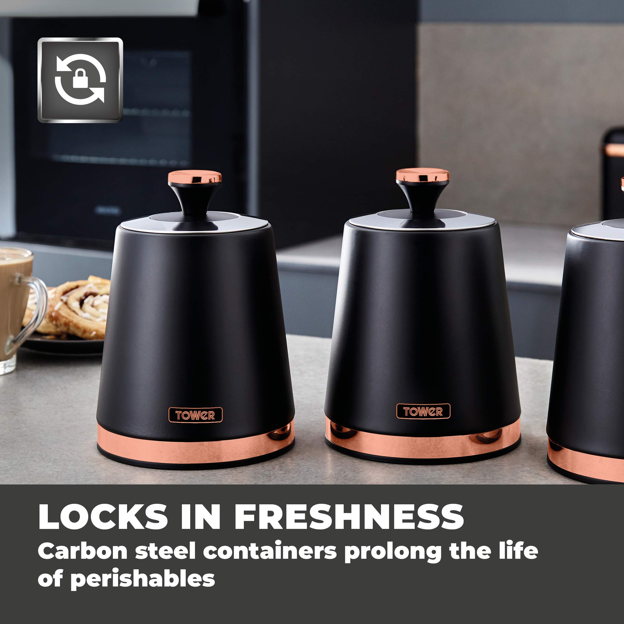 Premium Tower Cavaletto Black & Rose Gold 7-Piece Kitchen Set - Pyramid Kettle, 4-Slice Toaster, Microwave, Bread Bin & 3 Canisters for Tea, Coffee & Sugar | Stylish Modern Kitchen Essentials for Small Spaces & Apartments