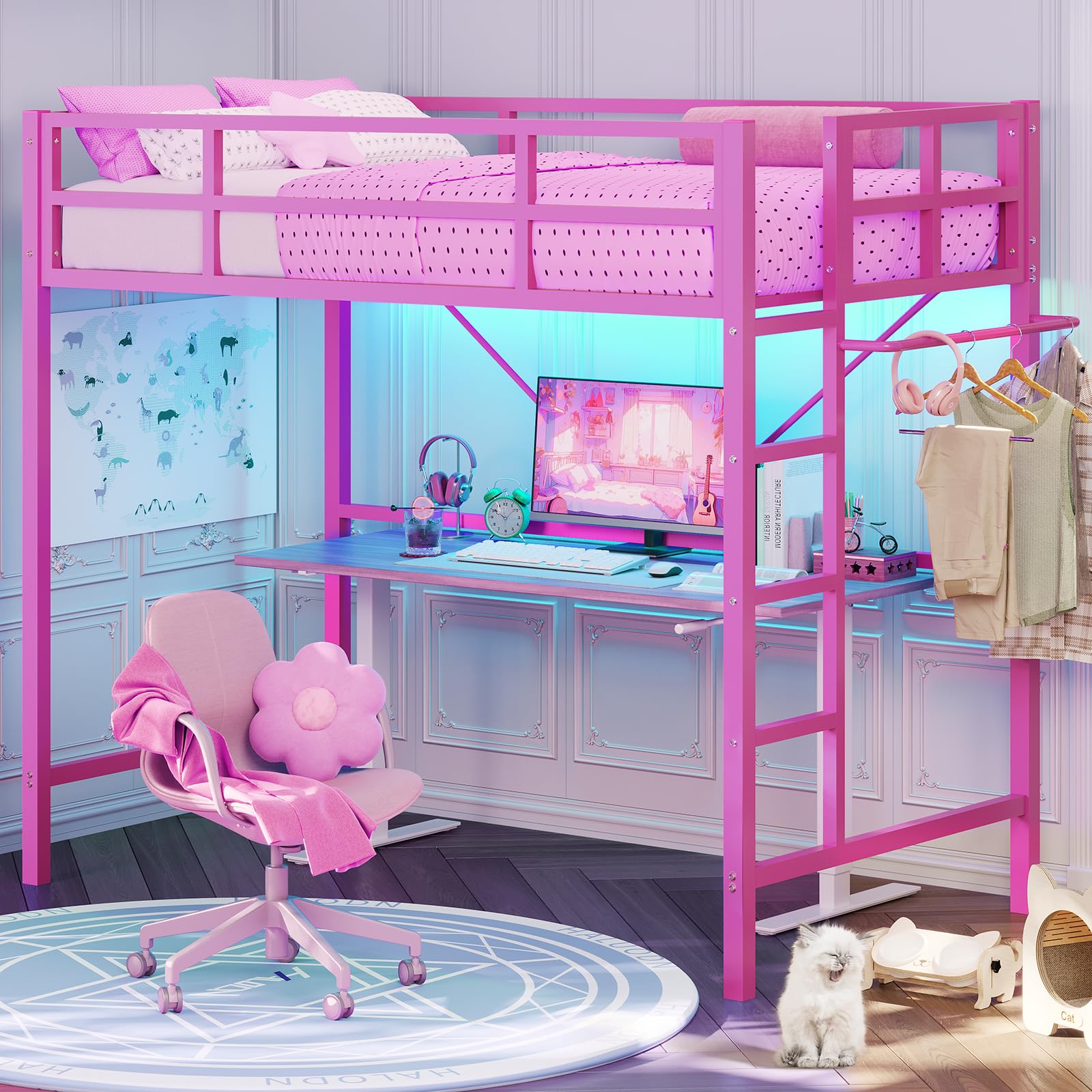 Hasuit Twin Metal Loft Bed with LED Lights - Sturdy Space-Saving Loft Bed Frame with Full-Length Guardrail & Clothes Rack - No Box Spring Needed, Noise Free - Perfect for Kids, Teens & Small Bedrooms (Pink)