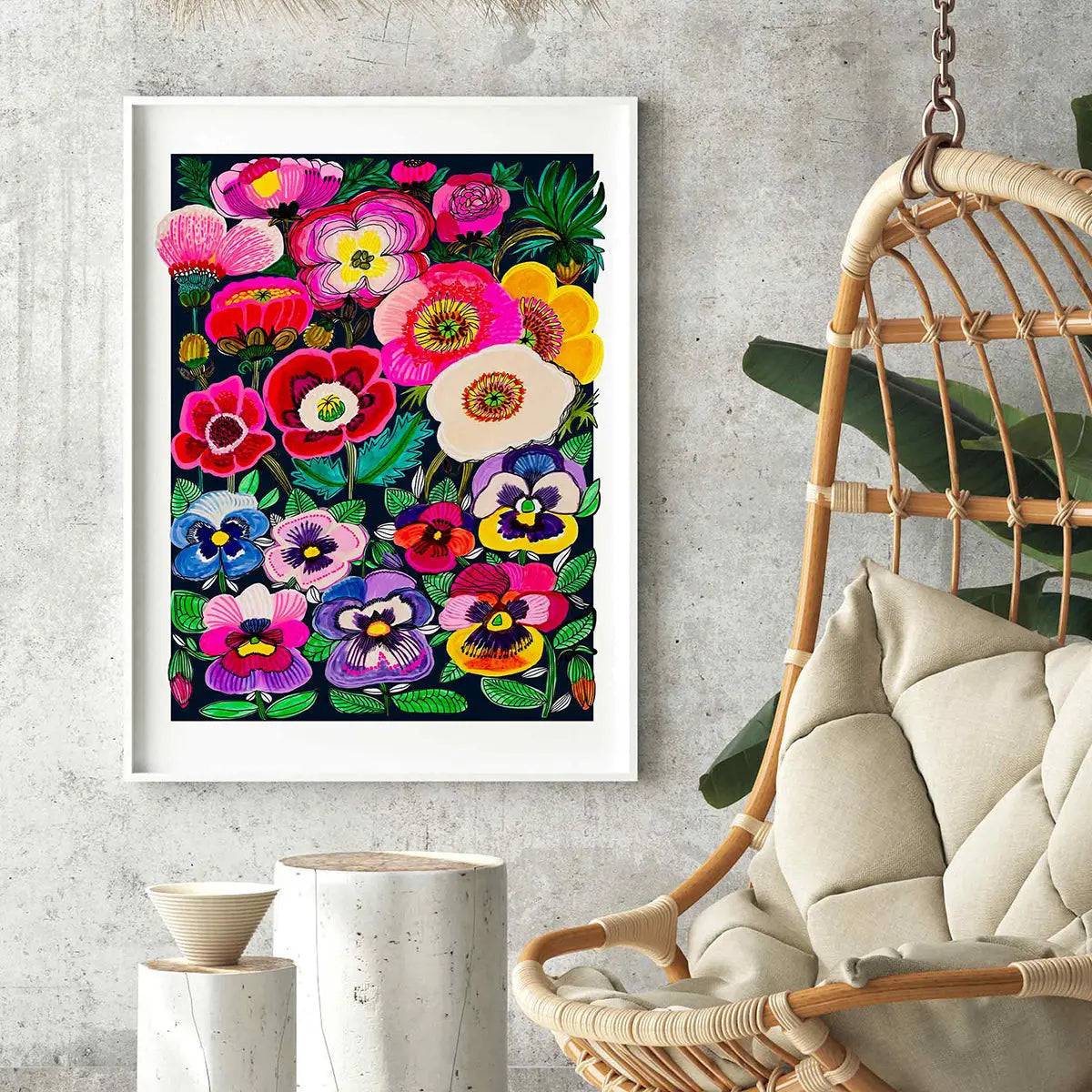 Midnight Pansies and Poppies Wall Art Print - Floral Botanical Painting for Living Room, Bedroom & Office Decor