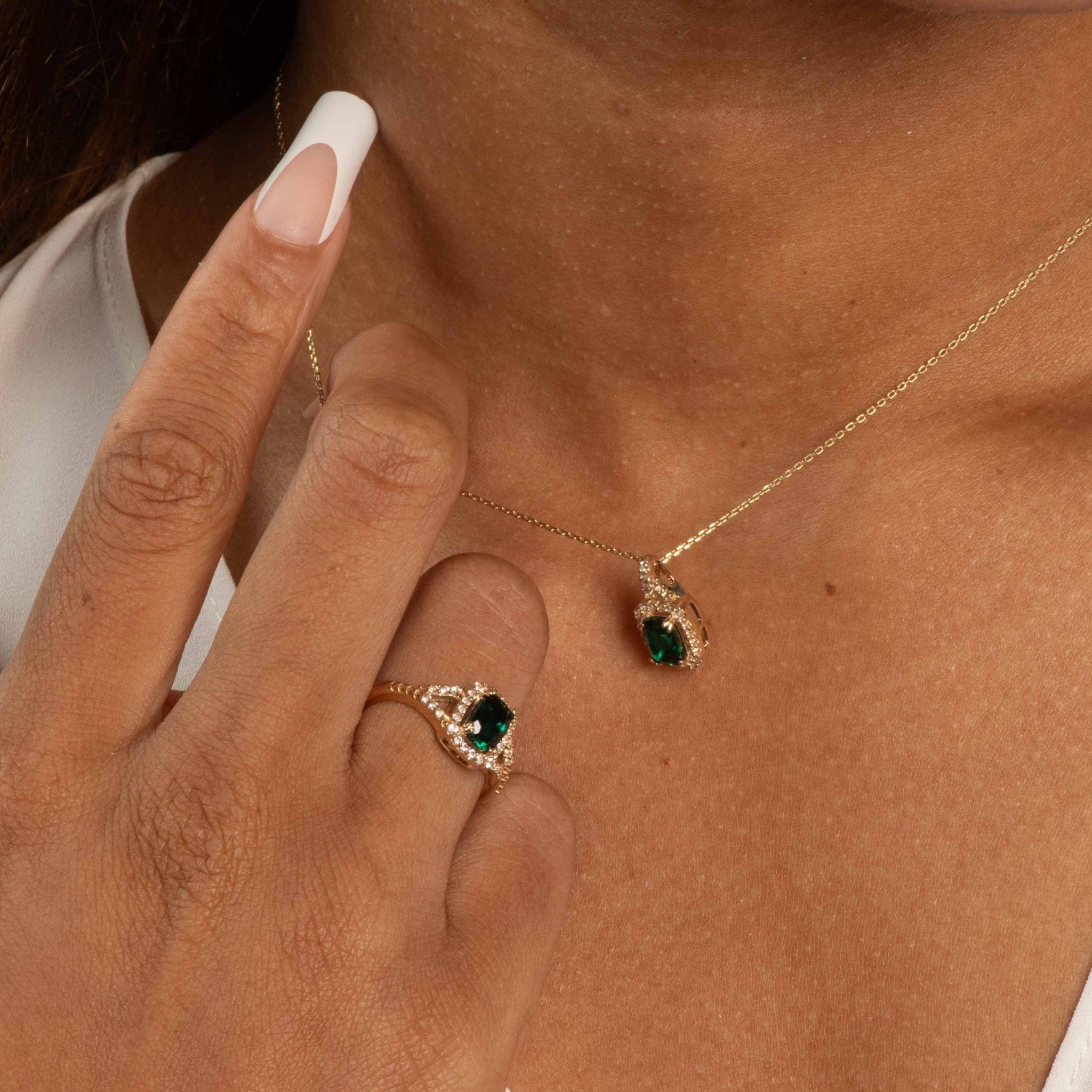 Cushion Cut Emerald Ring with White Sapphire Halo & Split Shank in 10K Yellow Gold | Elegant Engagement, Wedding, Anniversary Jewelry Gift for Her