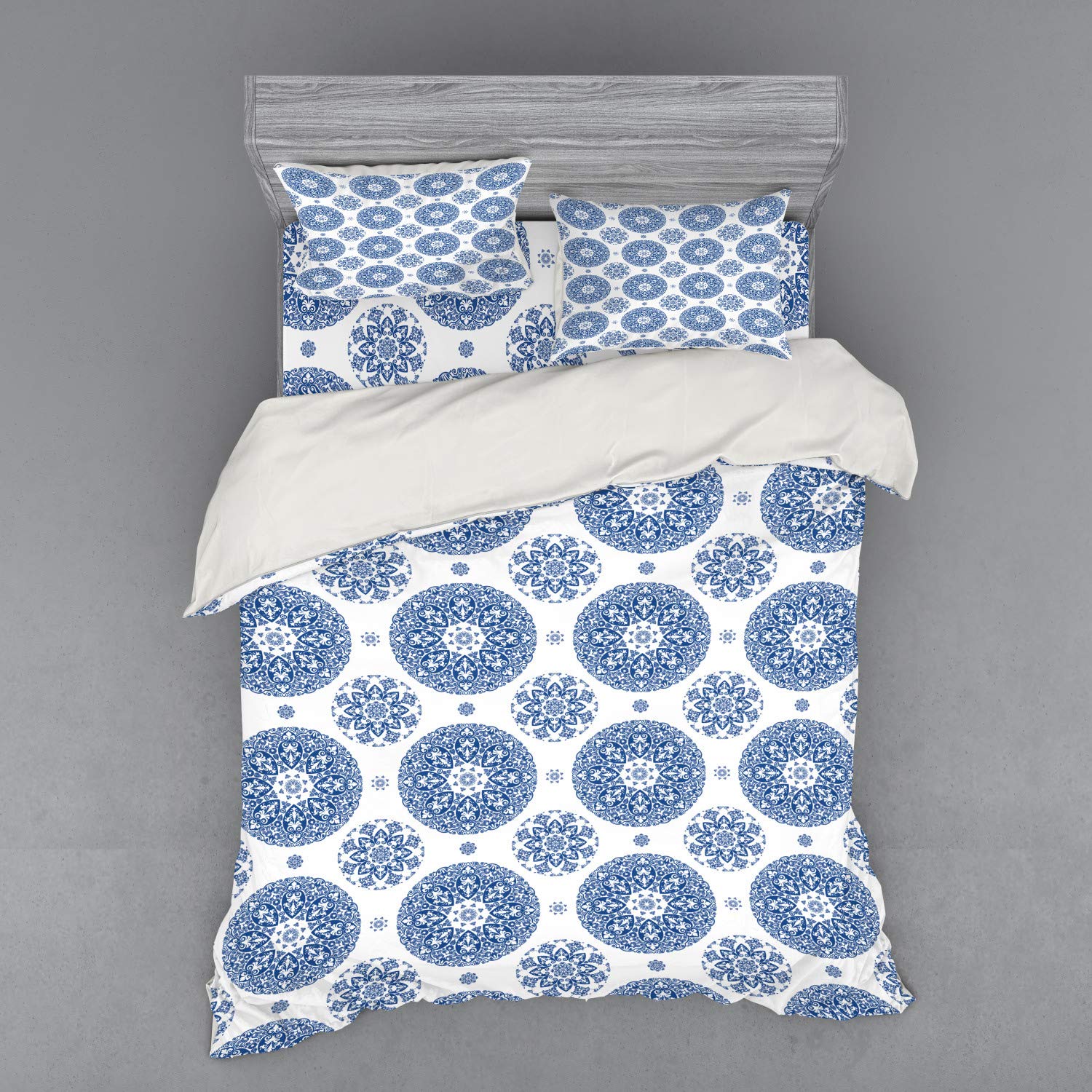 Ambesonne Vintage Duvet Cover Set - French Country Style Floral Circular Pattern with Lace & Snowflake Design, 4-Piece Queen Size Bedding Set (Duvet Cover, 2 Shams, Fitted Sheet) in Blue & White - Perfect for Master Bedrooms, Guest Rooms & Farmhouse Decor