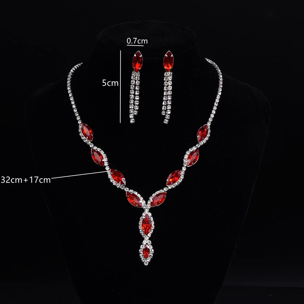 Elegant Silver Rhinestone Bridal Necklace & Earrings Set - Sparkling Crystal Choker for Women's Wedding, Prom, Evening Party (Red) | Perfect for Bridal Shower, Anniversary & Formal Events