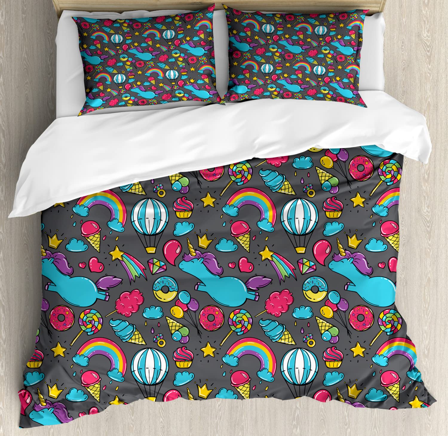 Ambesonne Unicorn Duvet Cover Set - King Size 2-Pack with 2 Duvet Covers & 4 Pillowcases | Dreamy Unicorns, Rainbows, Clouds & Cotton Candy Fantasy Cartoon Design | Soft Cotton Bedding for Kids' Rooms, Teen Girls' Bedrooms & Fantasy Themed Decor