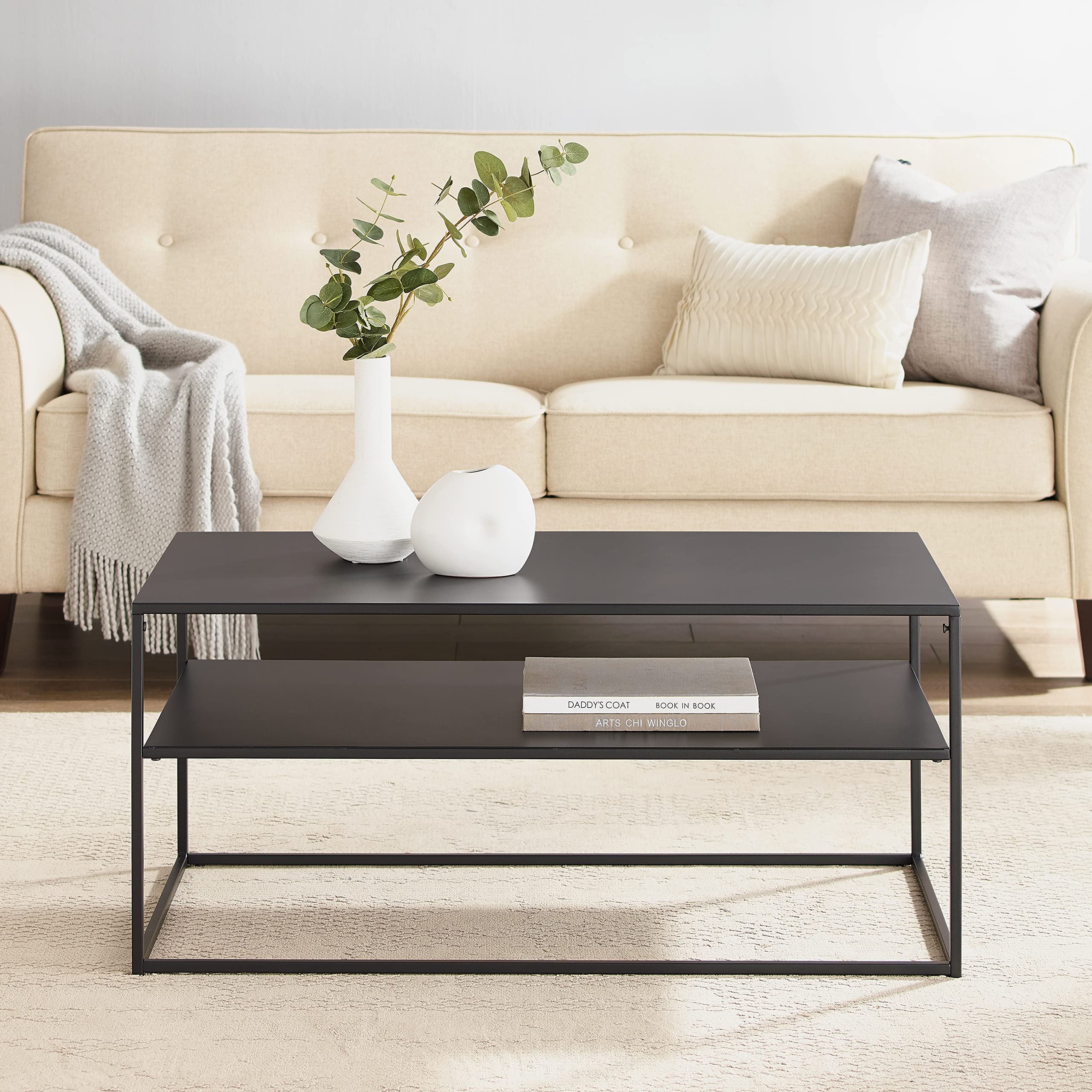 Crosley Braxton Metal Coffee Table with Storage Shelf - Matte Black for Living Room Decor