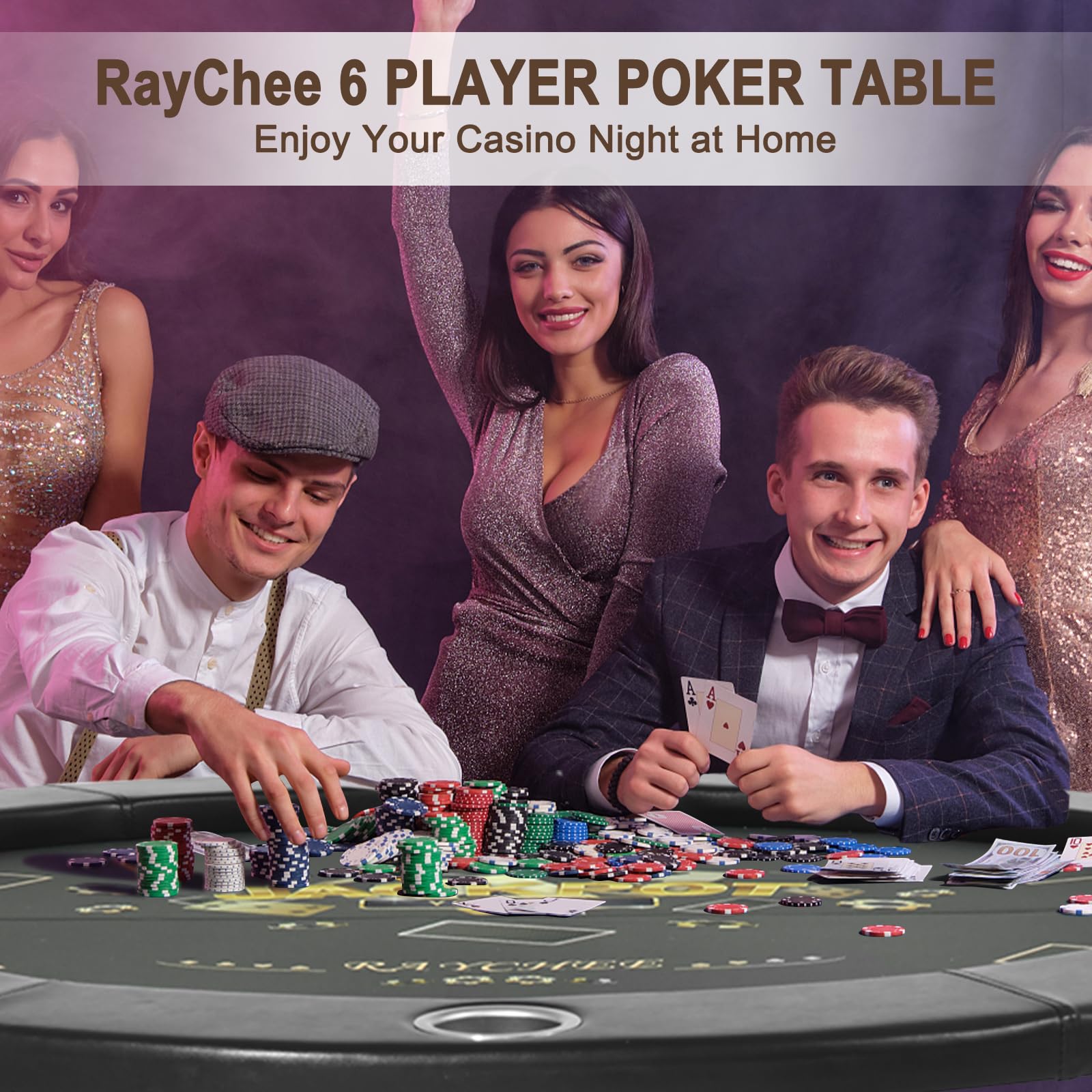Foldable Round Poker Table for 6 Players - Portable Texas Holdem Casino Game Table with Water-Resistant Cushioned Rail & Stainless Steel Cup Holders (Black) - Perfect for Home Games, Casino Nights, and Poker Parties