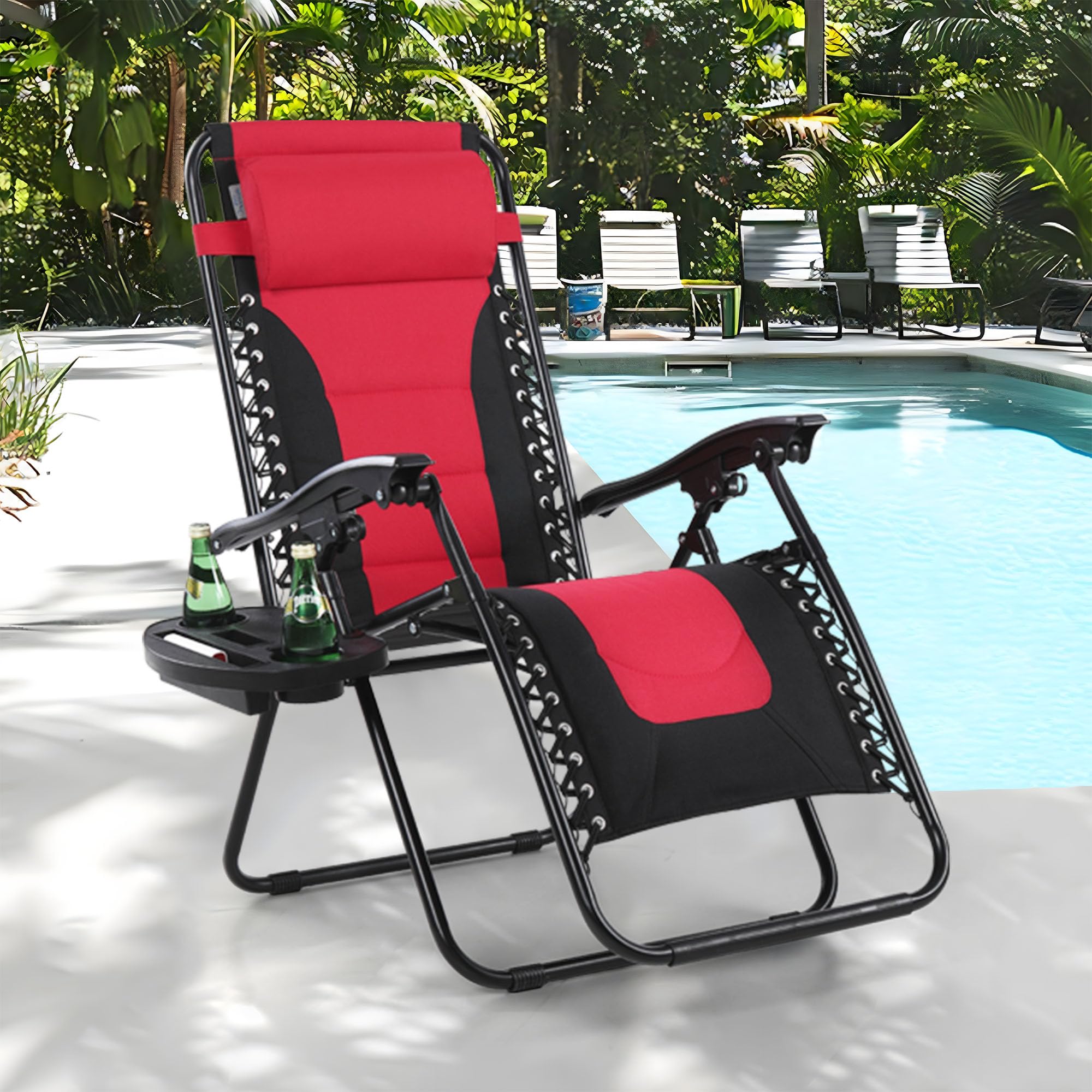 MFSTUDIO 2-Pack Zero Gravity Recliner Chairs with Adjustable Headrest & Cup Holder - 350lbs Weight Capacity Folding Patio Lounge Chairs for Pool, Backyard, Deck - Comfortable Outdoor Relaxation (Red)