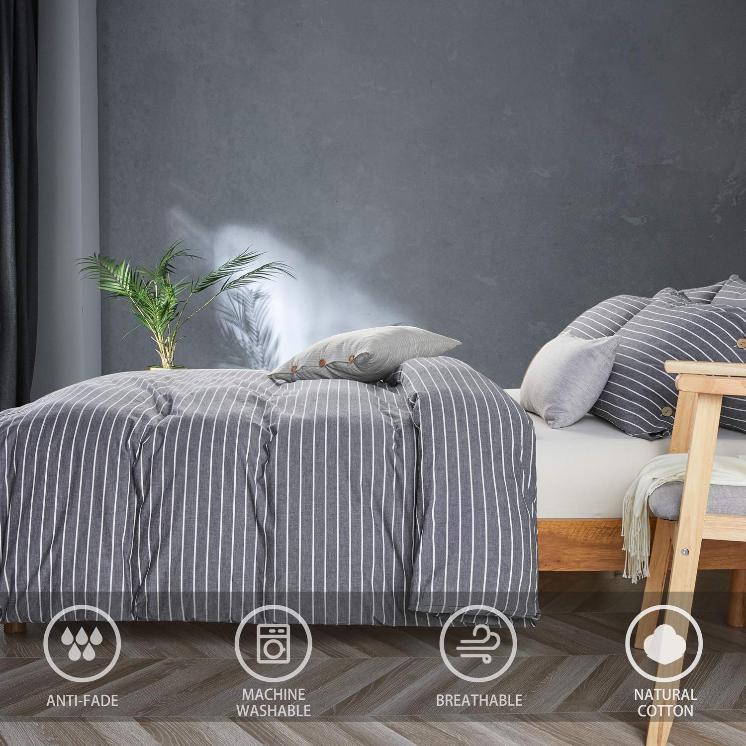 JELLYMONI 100% Washed Cotton Linen-Like Duvet Cover Set - 3 Piece Luxury Soft Bedding Set with Button Closure, Grey Stripes King Size (Comforter Not Included) - Perfect for Master Bedrooms, Guest Rooms & Cozy Home Decor