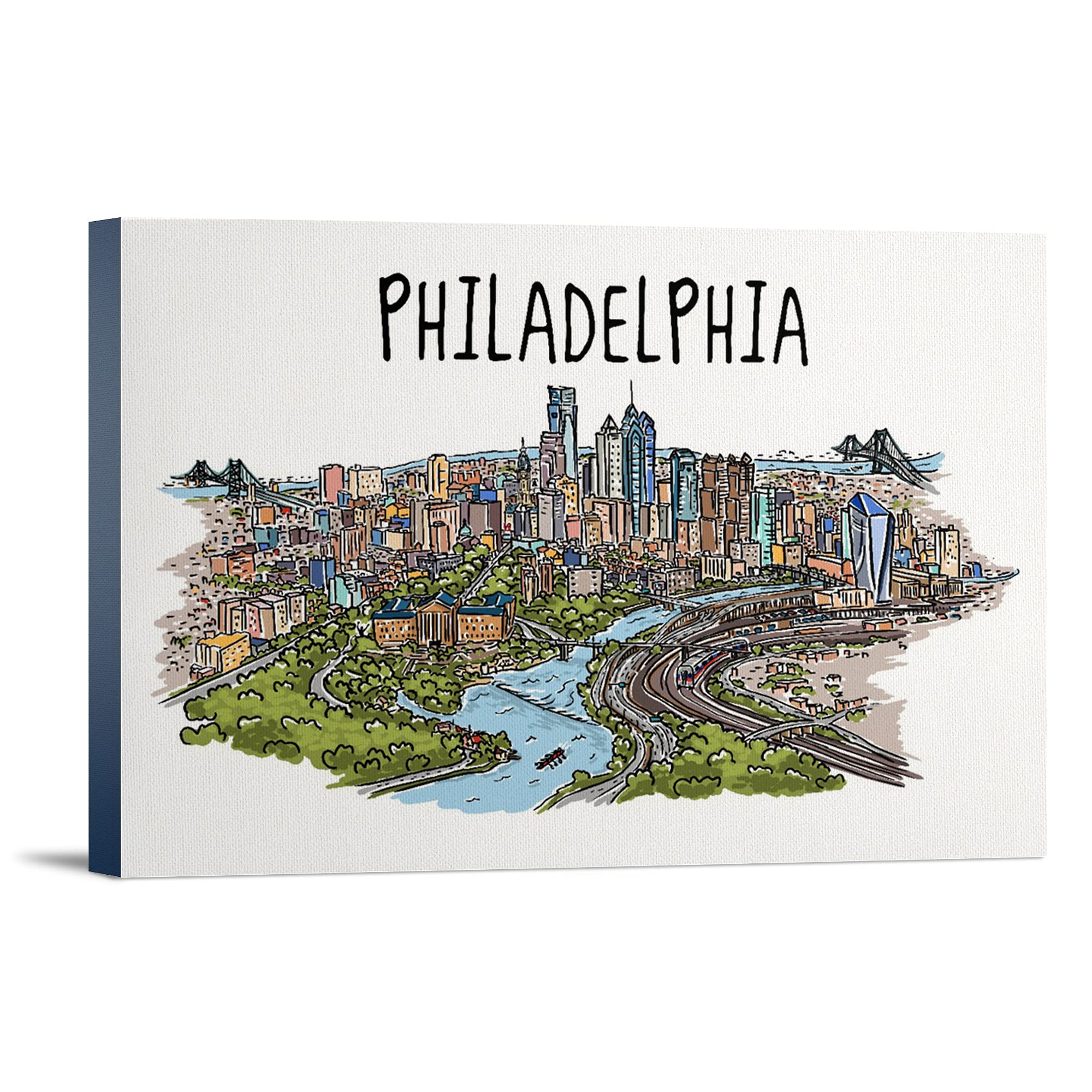 Philadelphia Pennsylvania Skyline Line Drawing Art - 36x24 Gallery Wrapped Stretched Canvas Wall Decor for Living Room, Office & Home