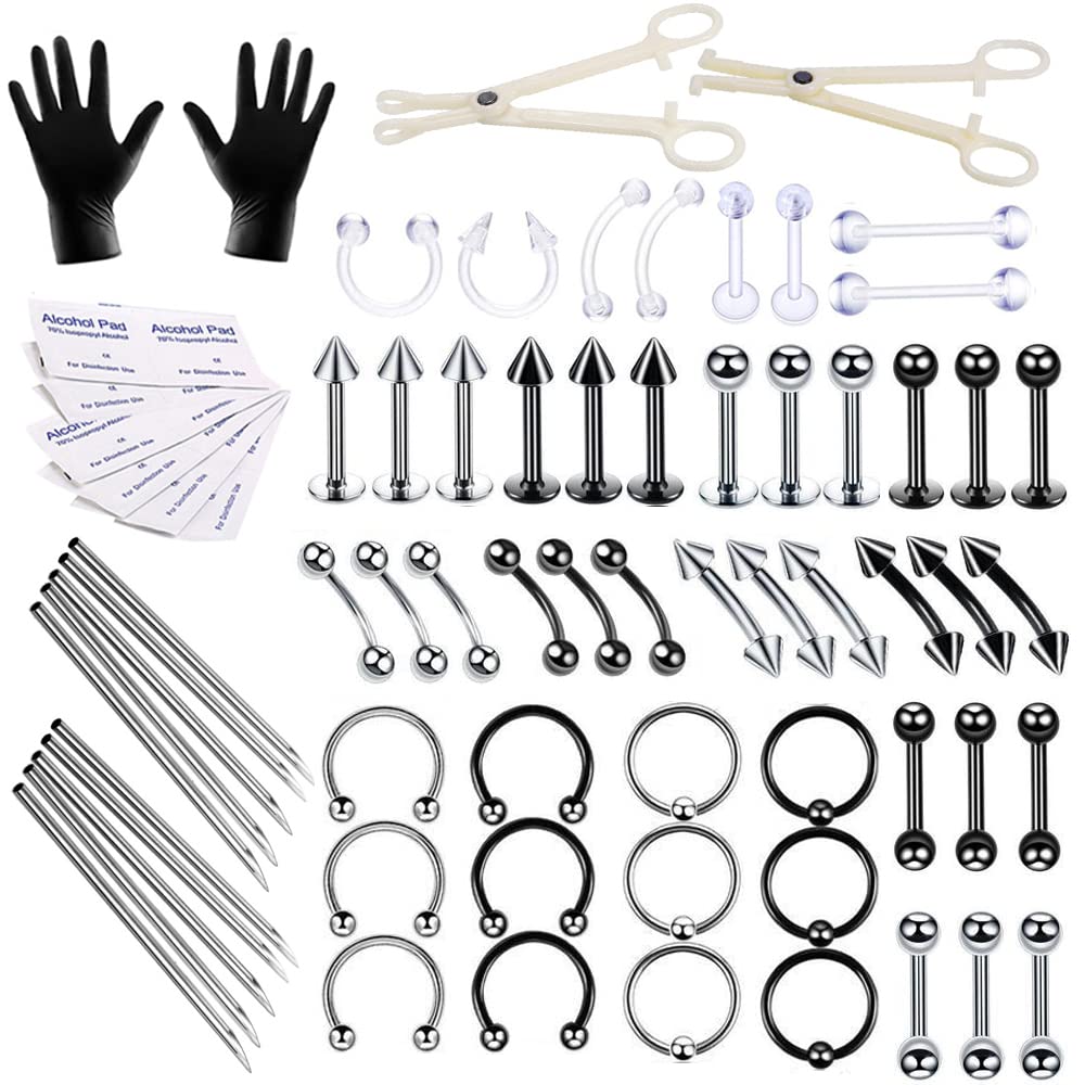 Professional Stainless Steel Body Piercing Kit - 16G Needles & Jewelry for Tongue, Tragus, Cartilage, Eyebrow, Nose & Lip Piercing | Safe & Hygienic for Home or Studio Use