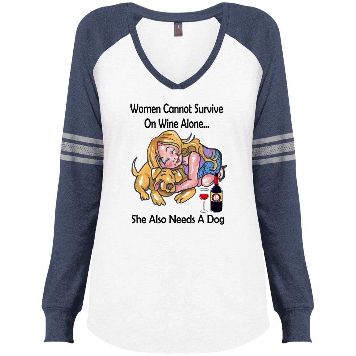 WineyBitches.co Women's Funny Graphic Long Sleeve V-Neck T-Shirt - 'Cannot Survive On Wine Alone' Black Lettering - Perfect for Girls Night Out, Bachelorette Parties & Wine Lovers
