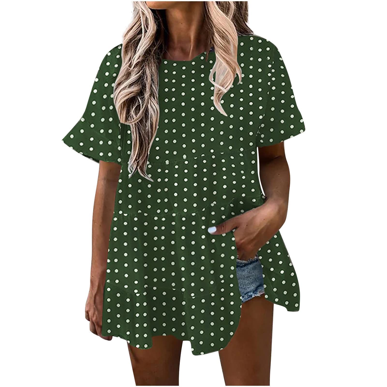 Women's Casual Floral Print Crinkled Round Neck Short Sleeve Loose Babydoll Blouse - Summer Beach Cover Up, Swimwear Top & Boho Chic Outfit for Pool Party, Vacation & Everyday Wear