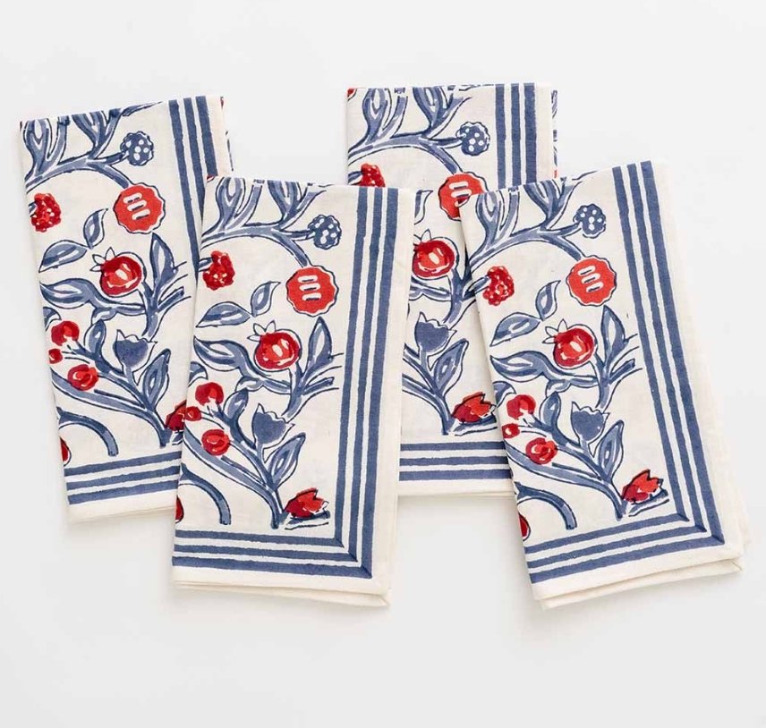 Premium Emma Red & Blue Napkins - Set of 4 | Soft & Absorbent Cotton Dinner Napkins for Everyday Meals, Parties & Special Occasions