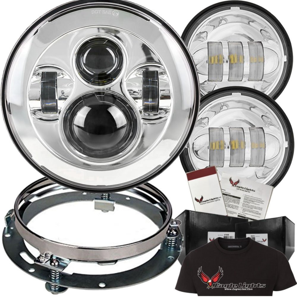 Eagle Lights 7 Inch LED Headlight for Harley Touring Models (Street Glide, Ultra Classic) with Chrome Passing Spot Lamps & Free Adapter Ring - Compatible with 2013 & Older Bikes - Perfect for Night Riding & Enhanced Visibility