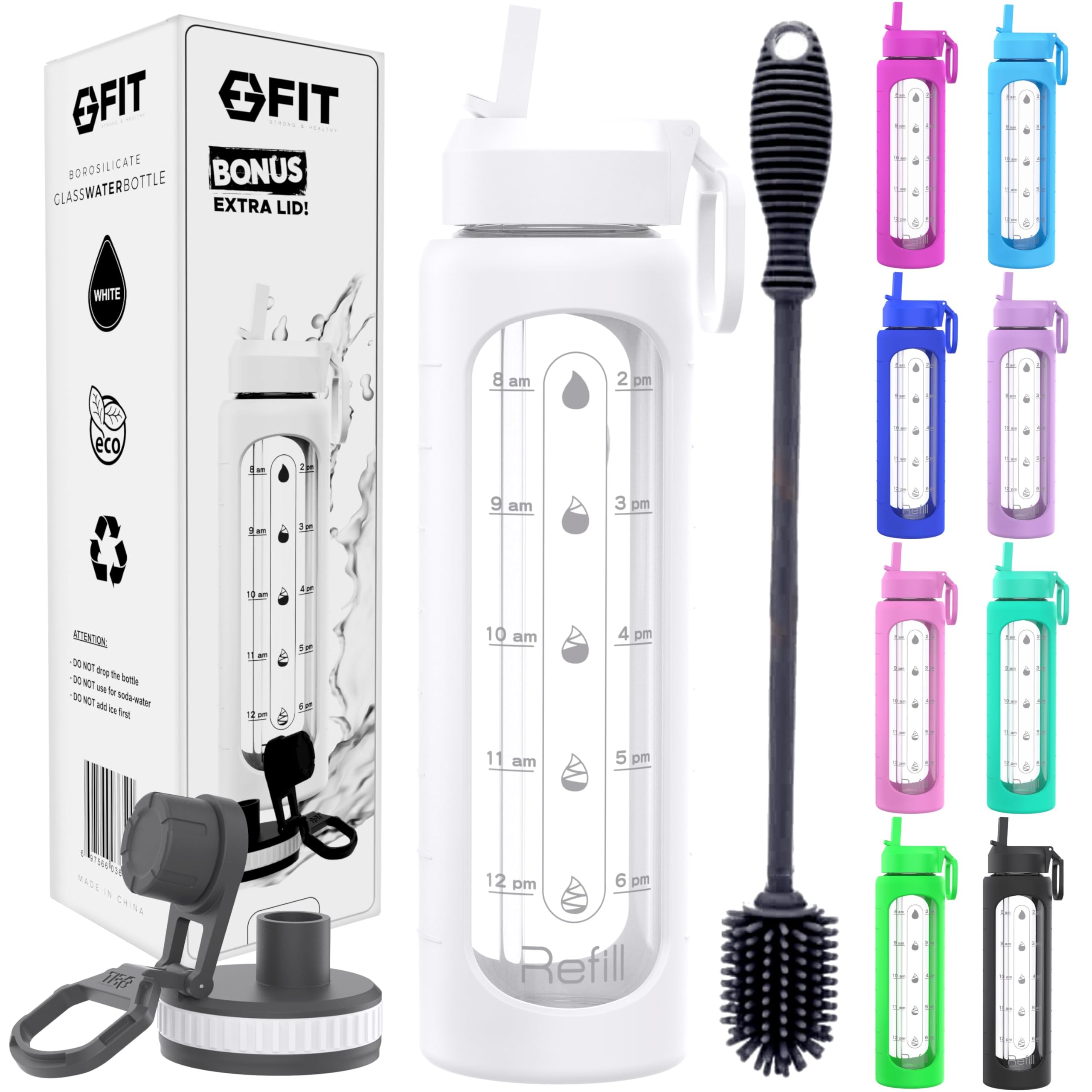 FIT Glass Water Bottle 32oz - Leakproof, Reusable with Time Marker for Gym & Office
