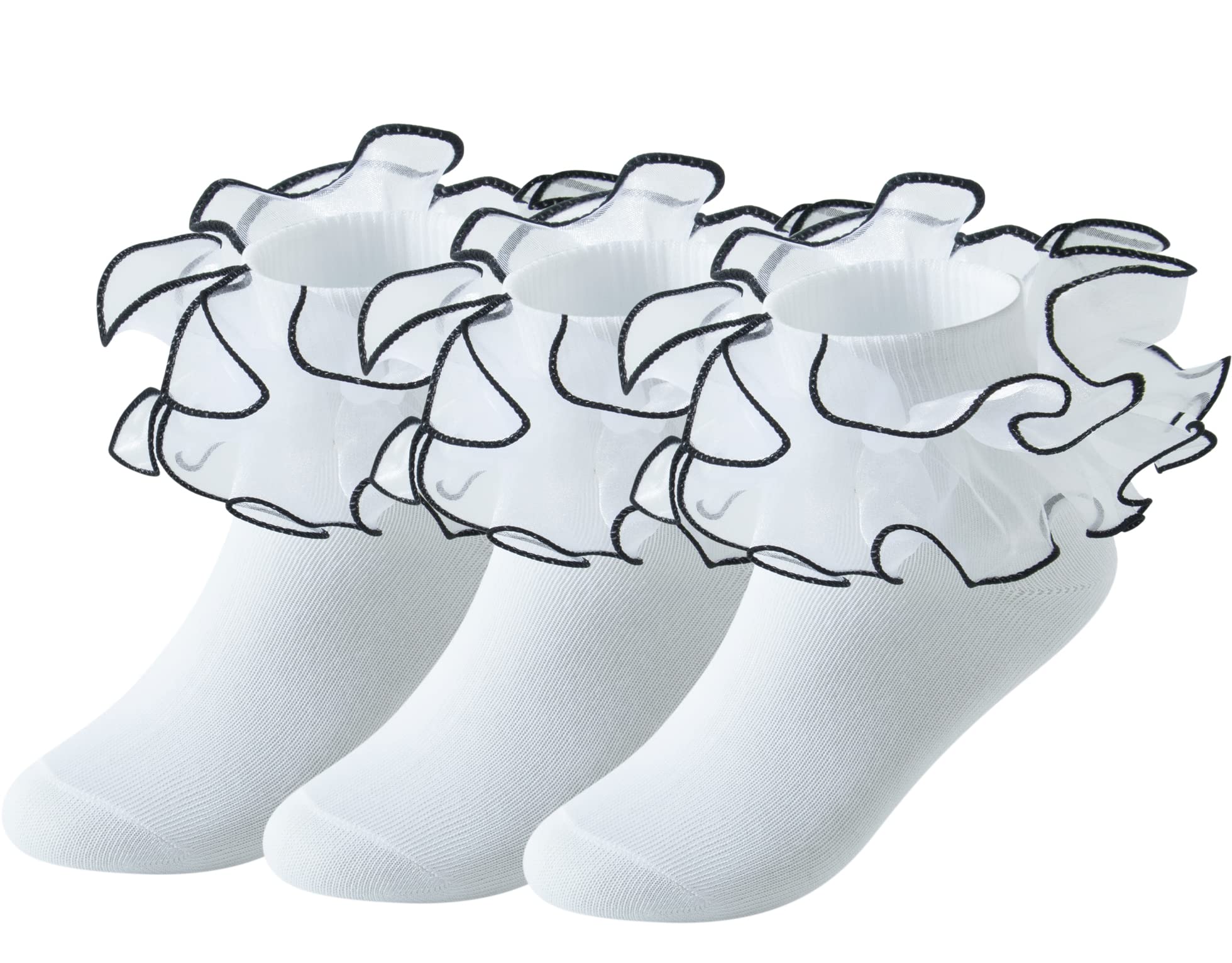 Little Girls Lace Socks - 3 Pairs Cotton Ruffle Frilly Double Lace Ankle Socks for Princess Pageant & Dress Up - Soft Breathable Toddler Socks for Party, Wedding, School & Special Occasions