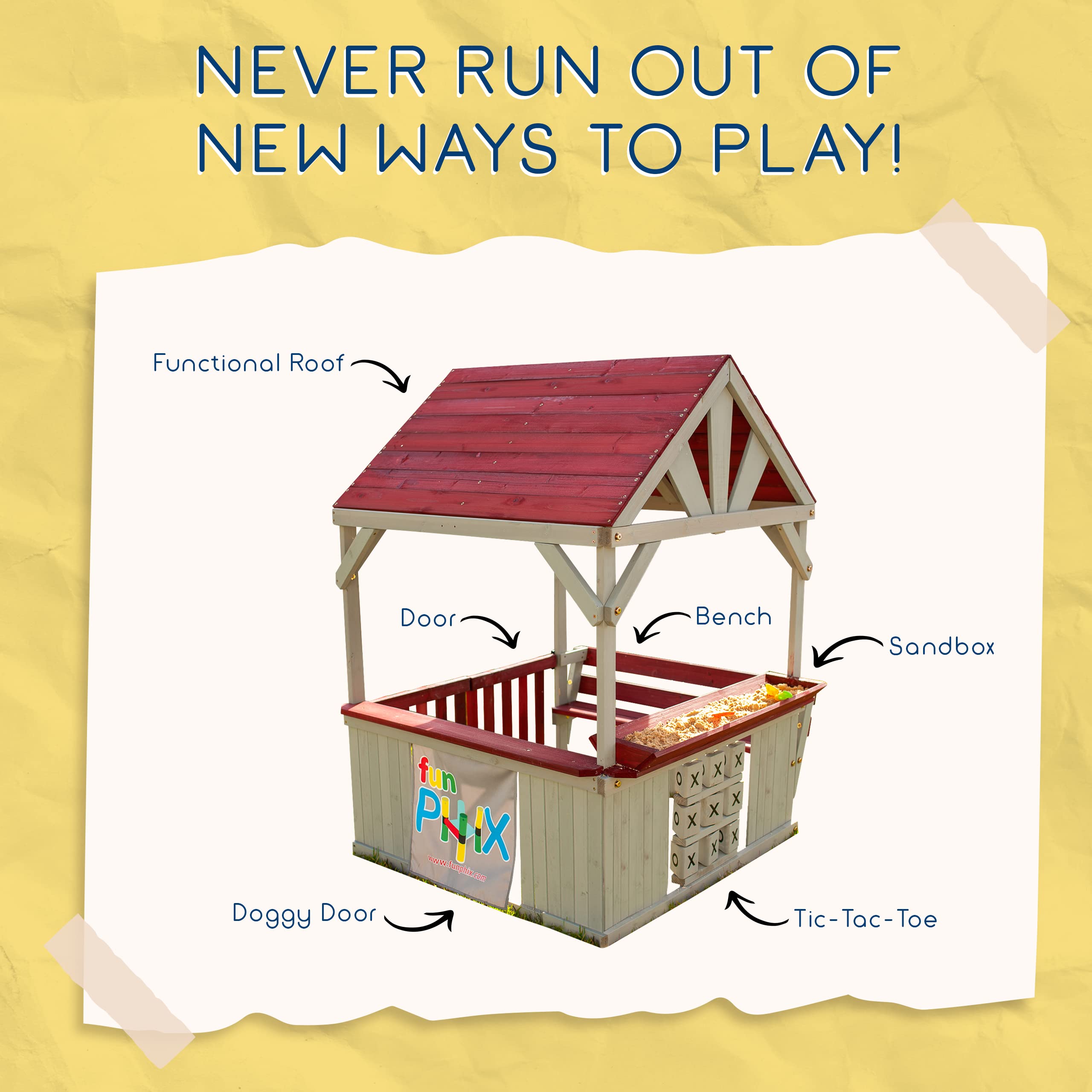 Funphix Cedar Wooden Playhouse for Kids - Outdoor Backyard Playset with Bench, Sandbox, Tic Tac Toe Game, Roof & Doors - ASTM Certified, Easy to Assemble Durable Wooden Playhouse for Toddlers & Children - Perfect for Backyard, Garden & Outdoor Playtime Activities