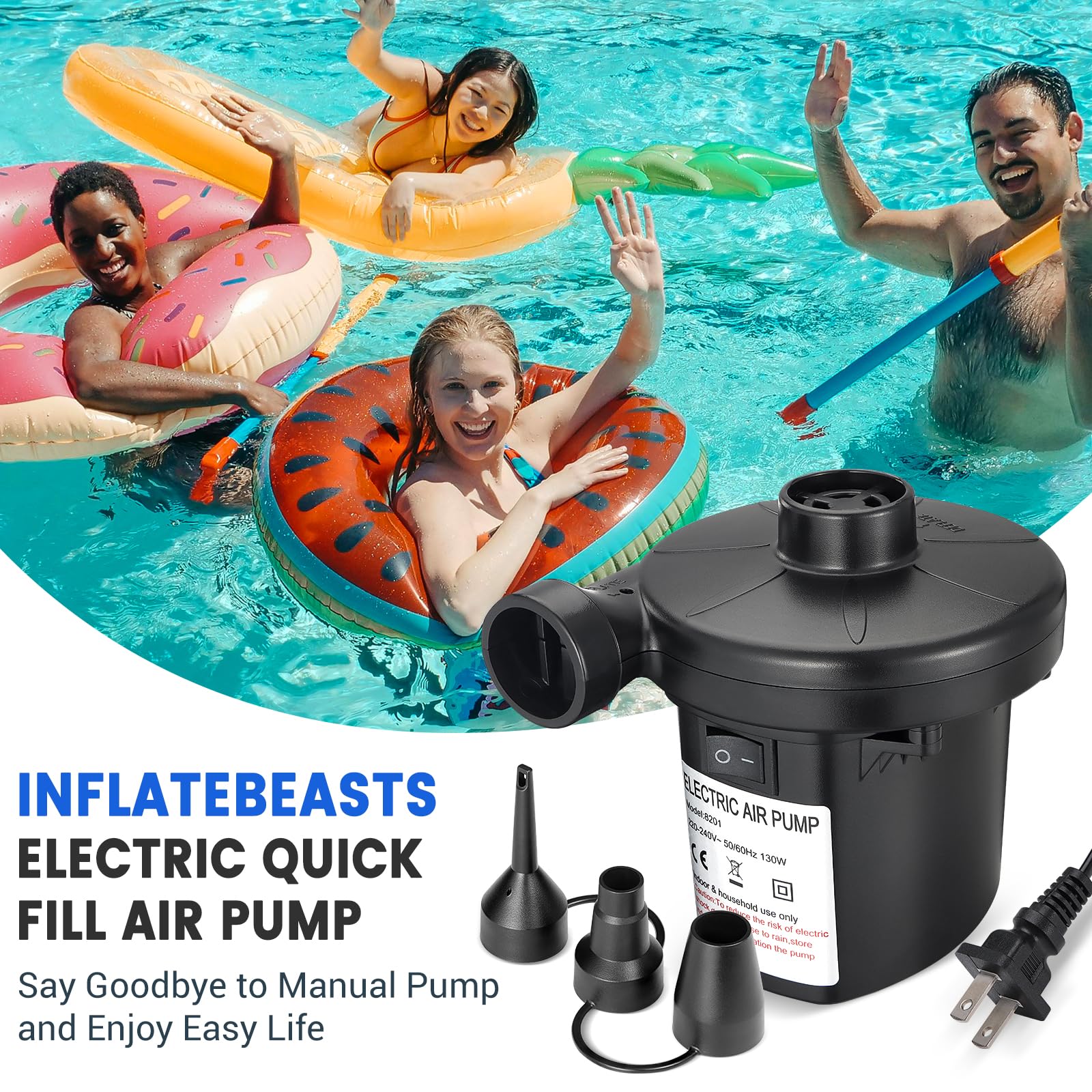 **130W Electric Air Pump for Pool Inflatable, AC/110V - Fast Inflator with 3 Nozzles for Air Mattress, Swimming Ring, Inflatable Cushion - Perfect for Outdoor Camping, Beach Trips & Home Use**