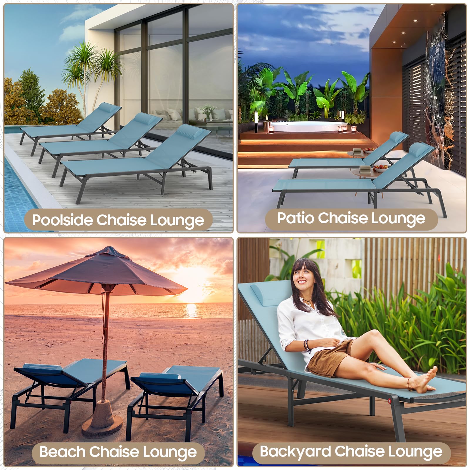 WOAJN 2-Pack Aluminum Patio Chaise Lounge Chairs - 5-Position Adjustable Backrest, Foldable Outdoor Poolside Chairs for Deck, Beach, Lawn & Backyard - Lightweight & Durable (Blue) | Perfect for Sunbathing, Relaxing by the Pool or Beach Vacation
