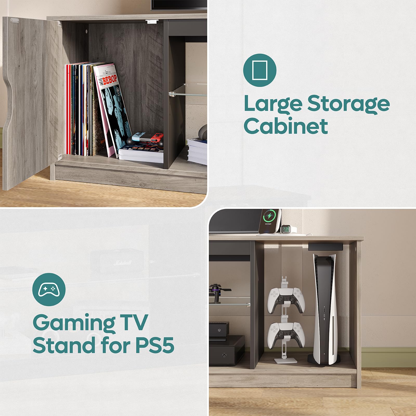 Bestier 58 Inch LED TV Stand with Power Outlets - Modern Entertainment Center for 55/60/65 Inch TVs, Gaming Console Storage Cabinet with Adjustable Glass Shelves (Grey Wash) - Perfect for Living Room, Home Theater & PS5 Setup