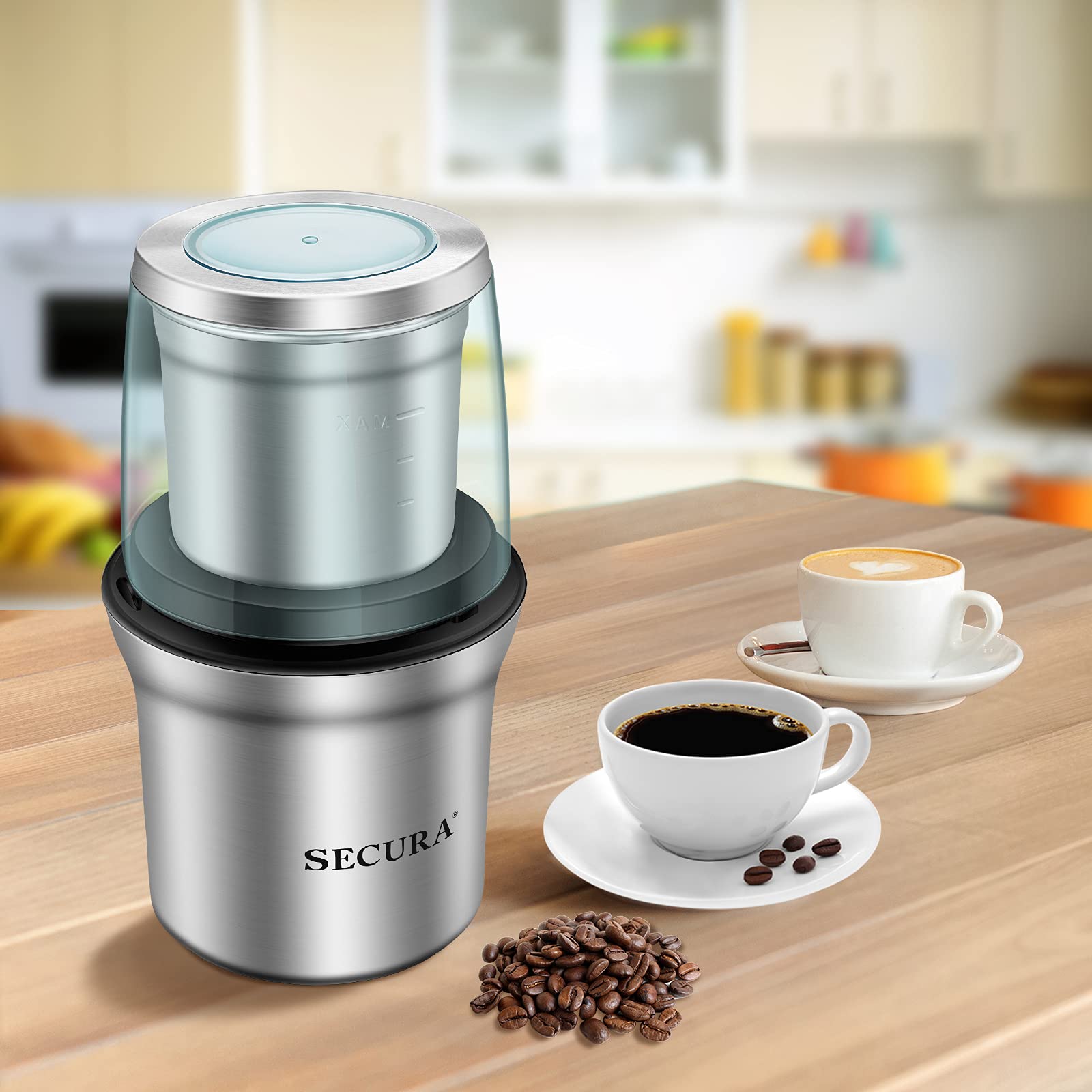 Secura Electric Coffee Grinder & Spice Grinder - 200W Powerful Motor with Stainless Steel Blade & Removable Bowl for Fresh Ground Coffee, Nuts, Herbs - Perfect for Home Kitchen & Coffee Bar Use