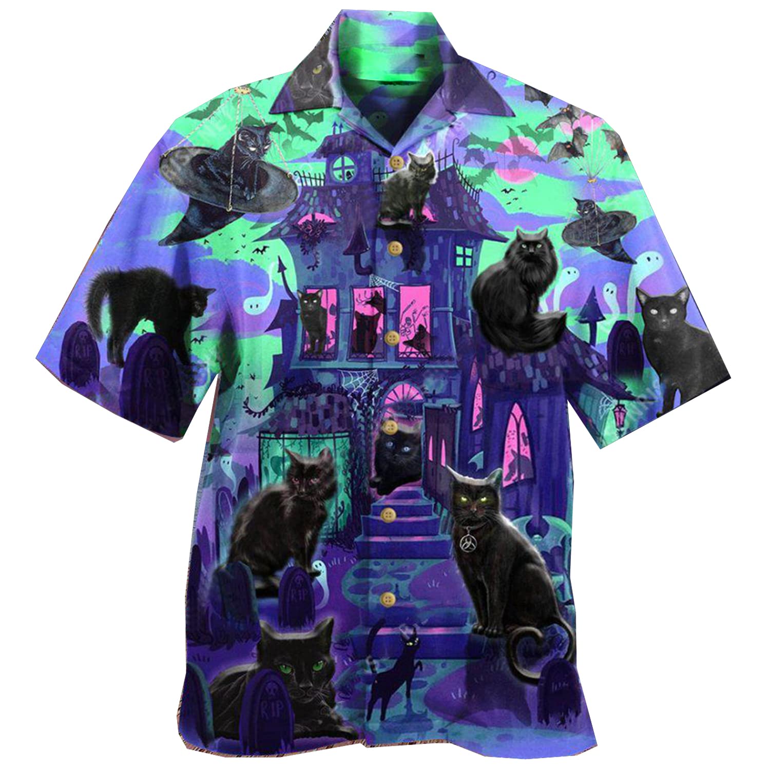 Stylish Black Cat Hawaiian Shirt for Men & Women - Casual Short Sleeve Button Down Shirt - Perfect for Beach Vacation, Summer Party & Cat Lover Gifts