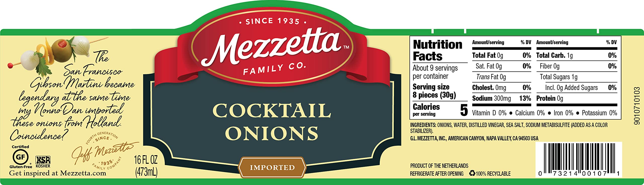 Mezzetta Cocktail Onions - Gluten Free, Keto & Kosher Certified - 16 fl oz Jar (6-Pack) - Perfect for Martinis, Bloody Marys & Charcuterie Boards