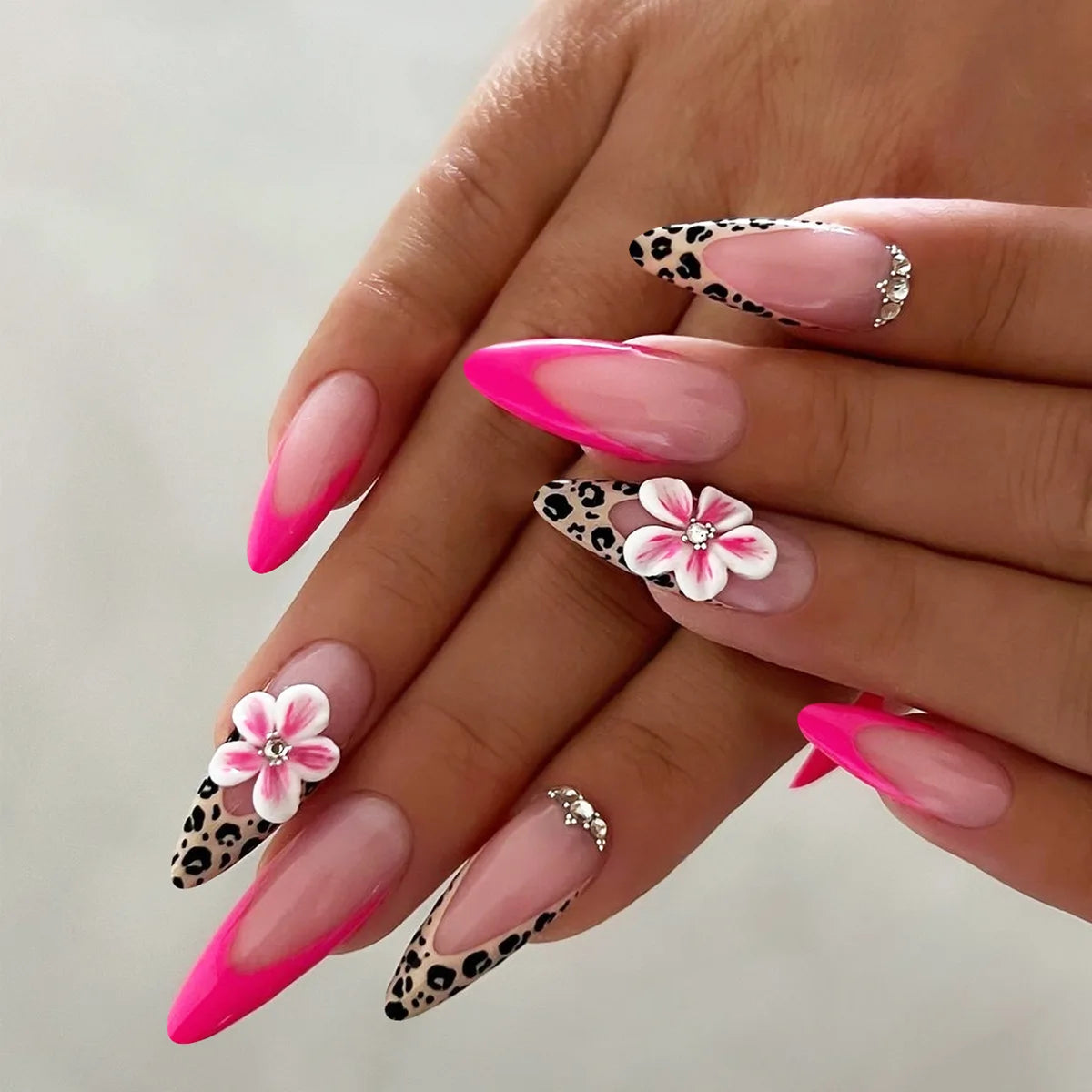 24Pcs French Leopard Print Fake Nails with 3D Flower Design - Almond Stiletto Press on Nails, Detachable Acrylic Full Cover Nail Tips for Women | Perfect for Parties, Weddings & Special Occasions