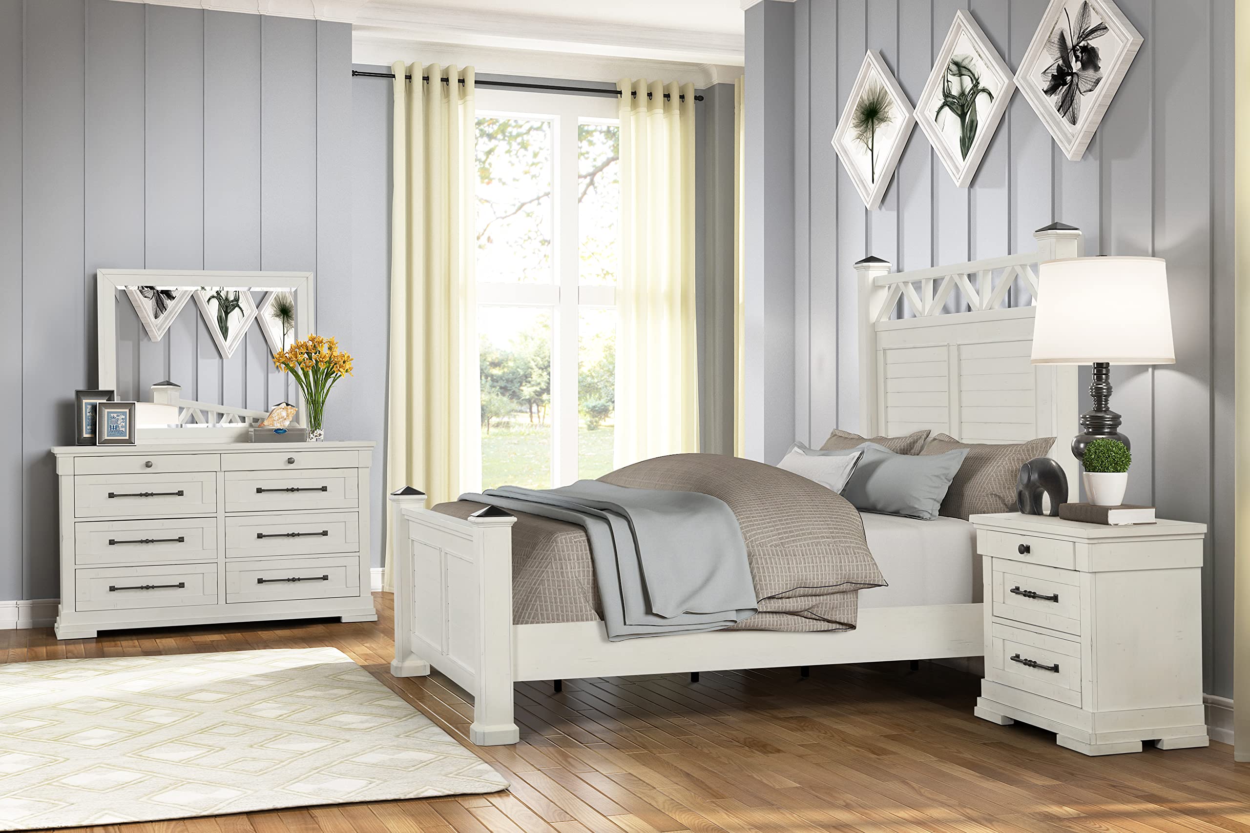 Roundhill Furniture Laria Wood Panel Bed Set with Dresser, Mirror & Nightstand - Queen Size Antique White Finish - Perfect for Master Bedroom, Guest Room & Home Decor