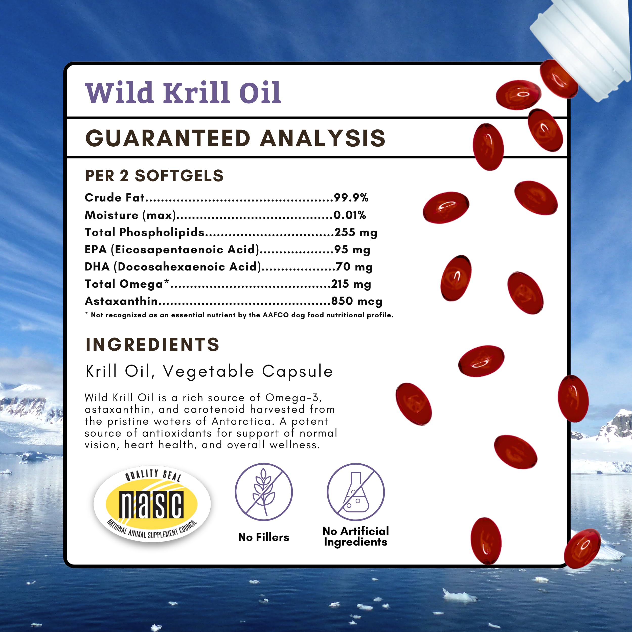 Wholistic Pet Organics Krill Oil Soft Gel Capsules for Dogs - 200 Count - Omega-3 & Astaxanthin Supplement for Joint Health, Shiny Coat & Heart Wellness - Perfect for Senior Dogs & Active Breeds