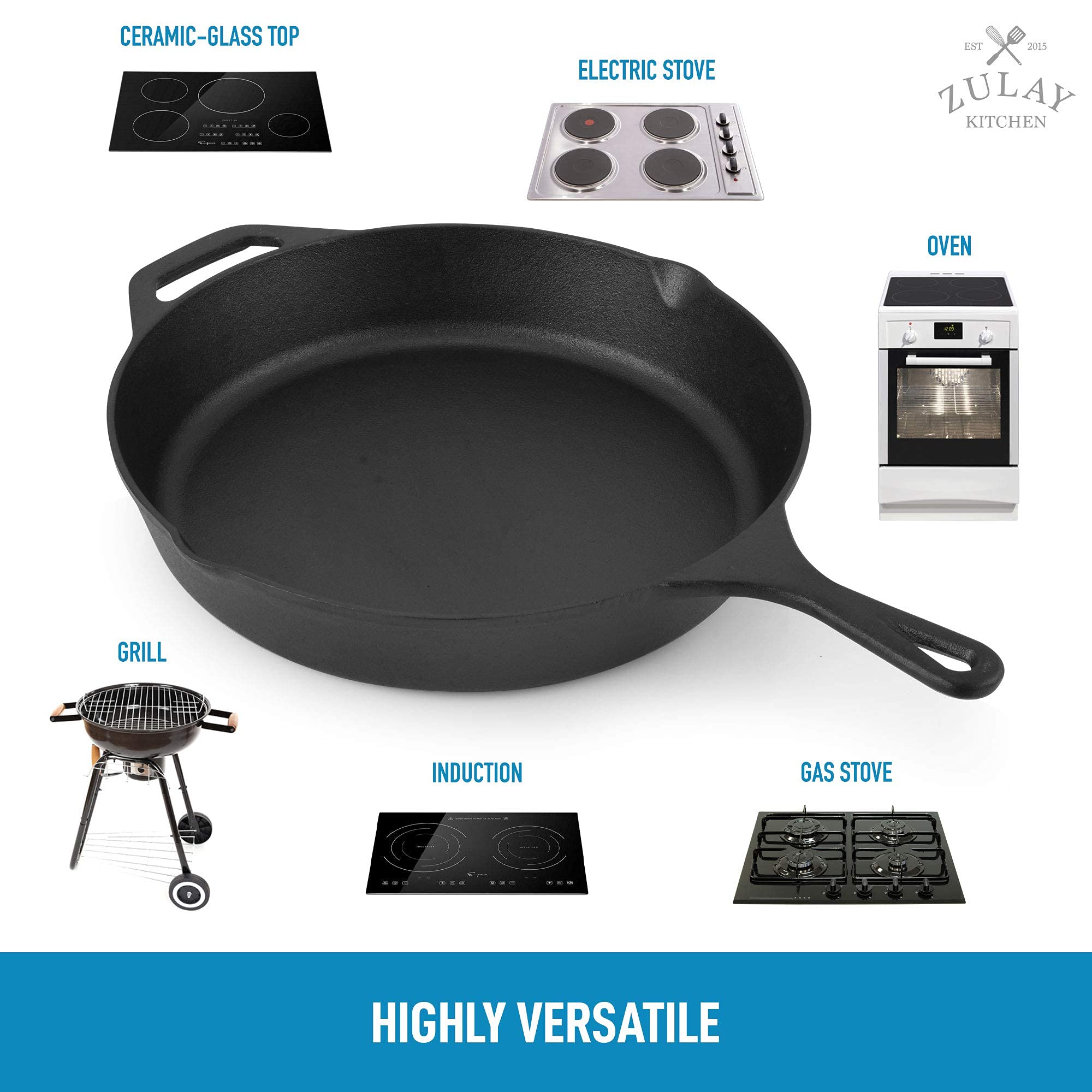 Zulay Kitchen 12 Inch Pre-Seasoned Cast Iron Skillet - Heavy Duty Oven Safe Skillet for Stovetop, Grill, Induction & Campfire Cooking - Perfect for Searing Steaks, Baking Pizza & Outdoor Camping Meals