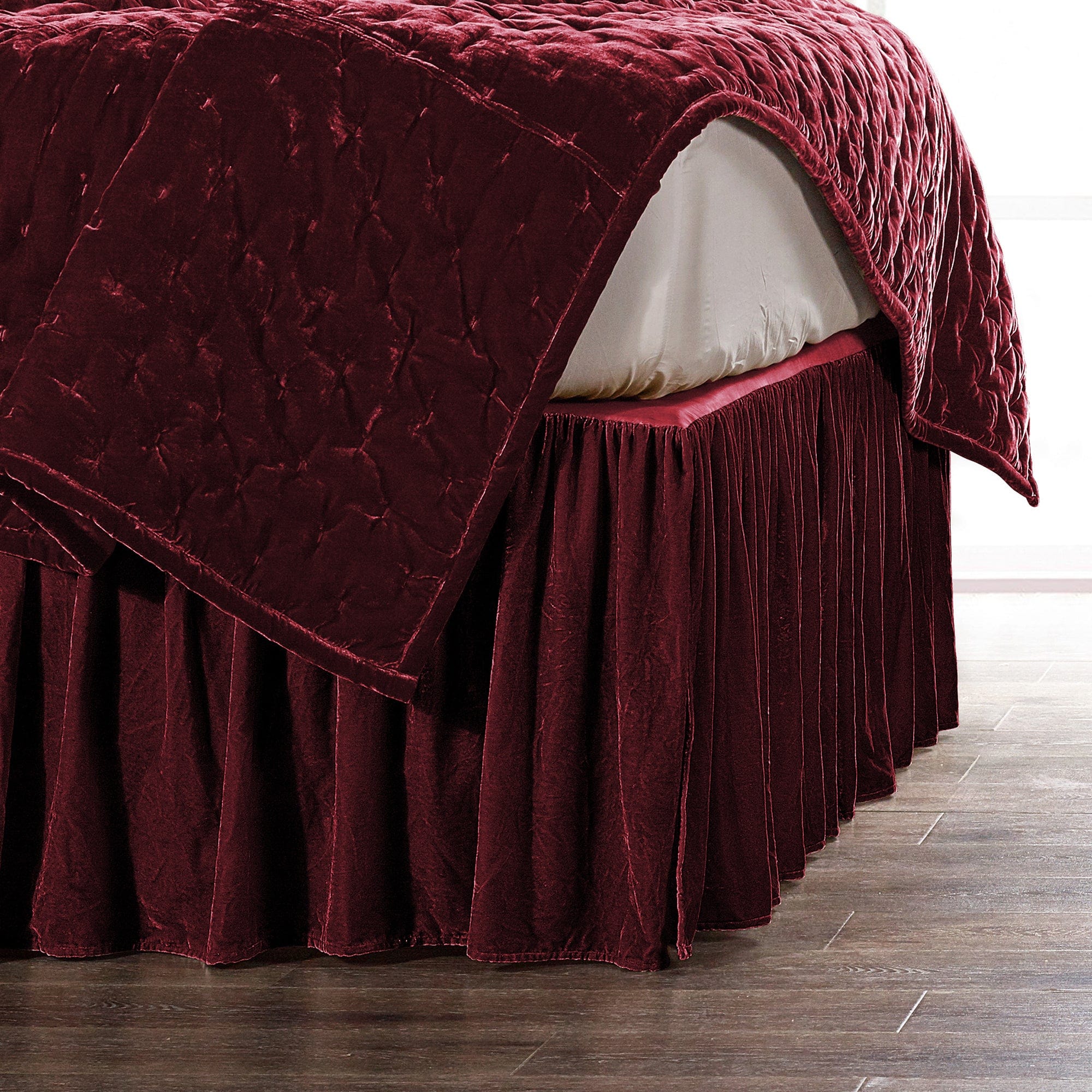 Stella Faux Silk Velvet Bed Skirt - Luxury Ruffled Bedding Dust Ruffle for Queen/King Size Beds - Perfect for Master Bedrooms & Guest Rooms
