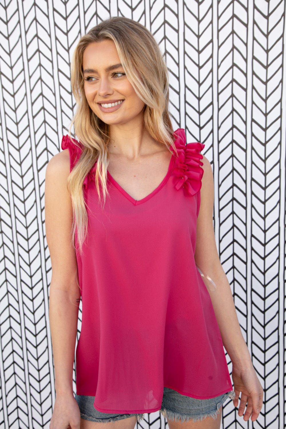 Fuchsia Frill Shoulder Sleeveless Crepe Woven Blouse for Women - Elegant Summer Tops for Casual Outings, Date Nights & Office Wear