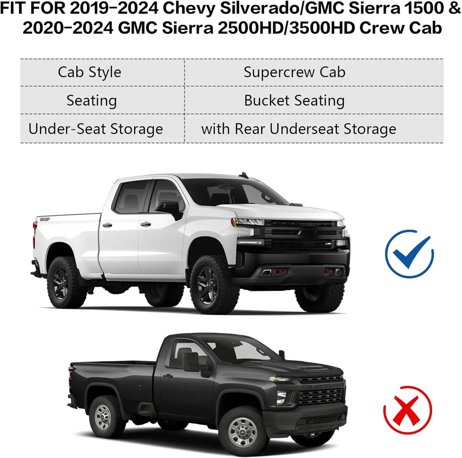 3-Piece All-Weather Floor Mats for 2019-2025 Chevrolet Silverado 1500/GMC Sierra 1500 & 2020-2025 Silverado/Sierra 2500HD/3500HD Crew Cab - Rear Row with Carpeted Under Seat Storage - Durable Protection for Mud, Snow & Spills